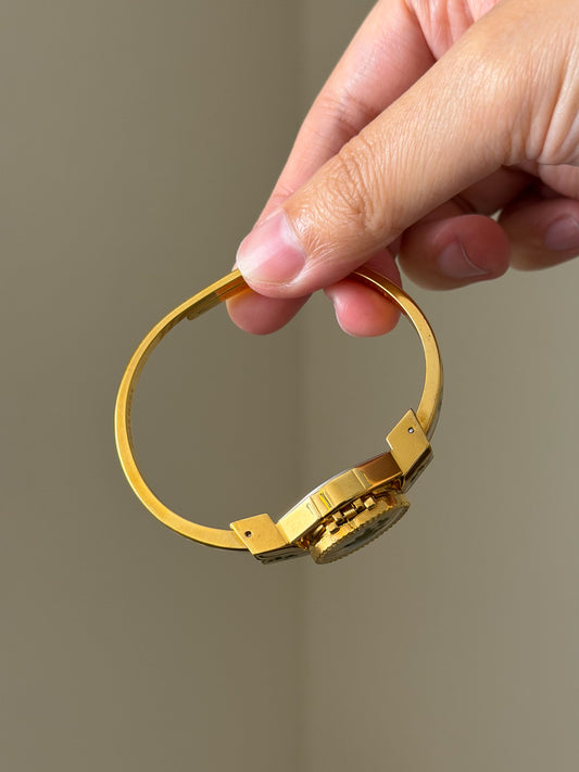 Vintage Gold Tone Andre Mouche Peekaboo Cuff Watch With a Green Peony Enamel Flower Design