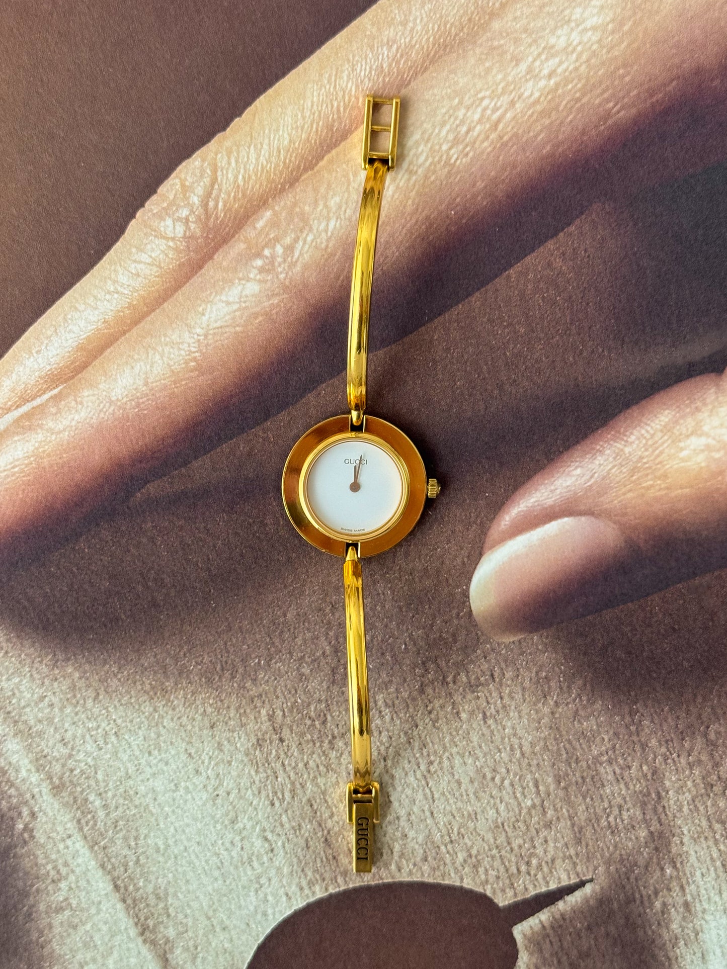 Vintage 1980s Gold Plated Gucci Interchangeable Bezel Watch Bangle