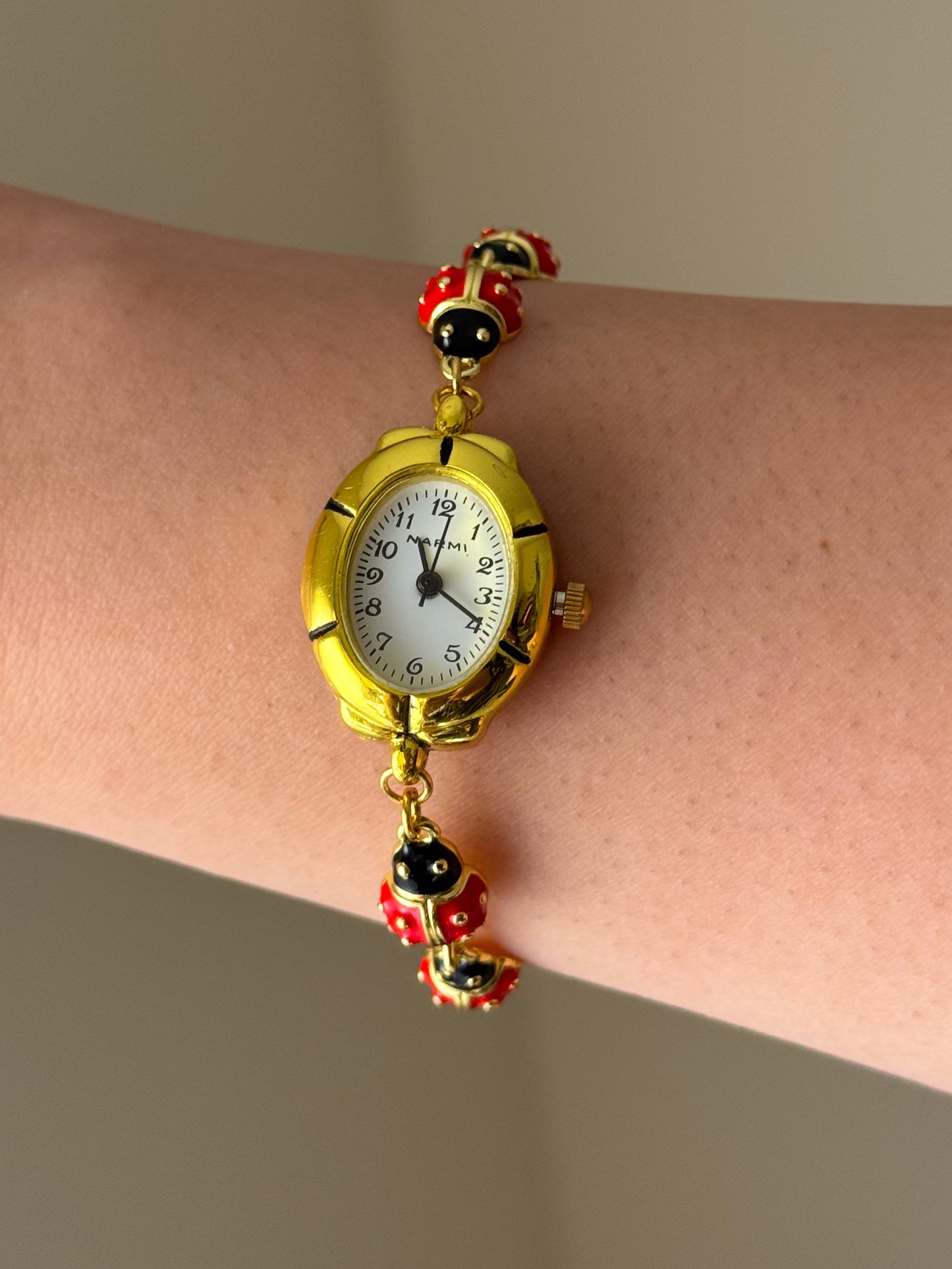 Dainty Gold Tone Ladybug Watch Bracelet