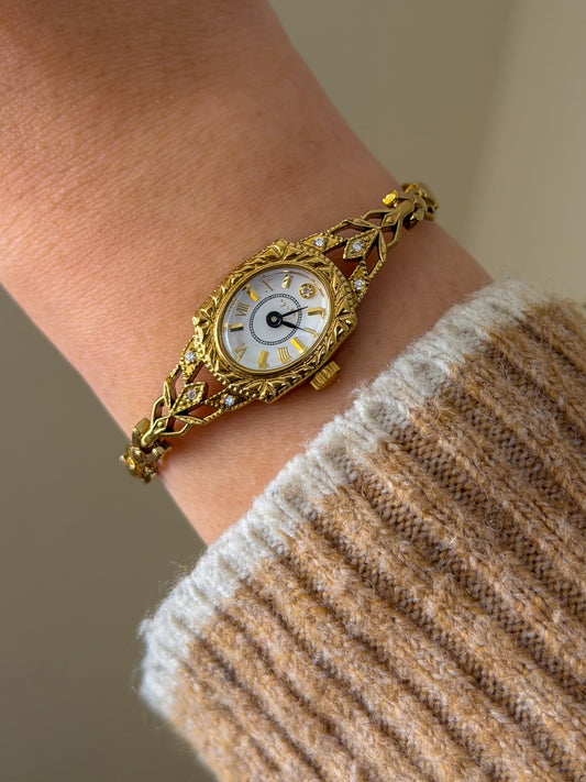 Vintage Japanese Agete Art Deco Style Gold Watch White Dial and Dainty Wristband