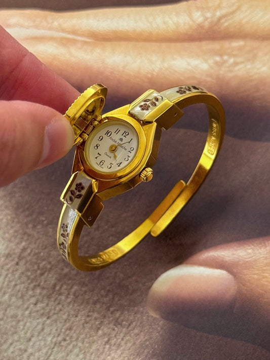 Vintage Gold Tone Andre Mouche Peekaboo Cuff Watch With a Red Peony Enamel Flower Design