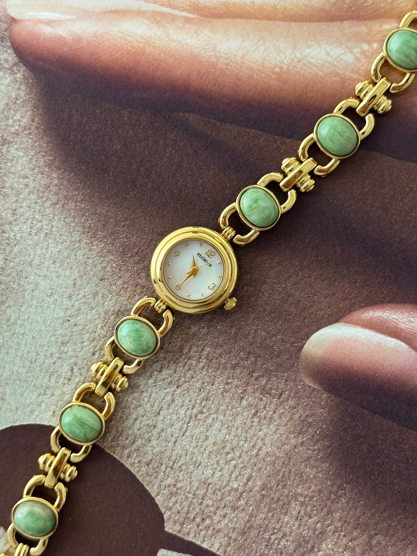 Vintage Elgin Gold Watch With Natural Jade Stone Band