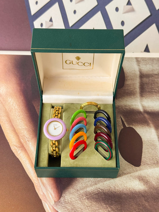 Vintage 1980s Gold Plated Gucci Interchangeable Bezel Watch With Rice Links Band