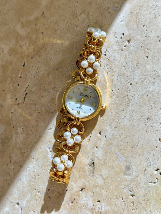 Minimalist Gold Watch With Pearl Bracelet Band