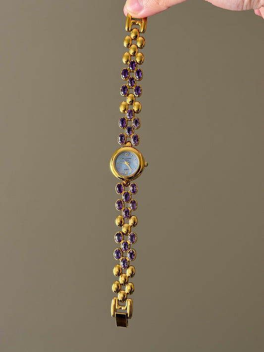 Vintage Marcel Drucker Watch With Purple Dial and Amethyst Gemstone Band