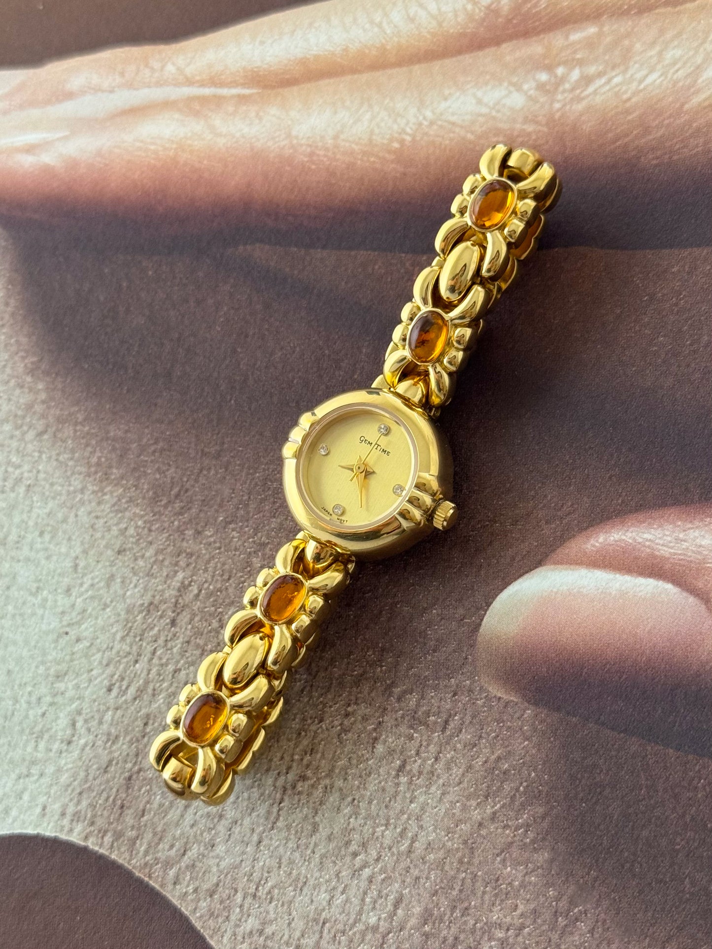 Vintage Gem Time Gold Watch With Orange Amber Gemstone Band