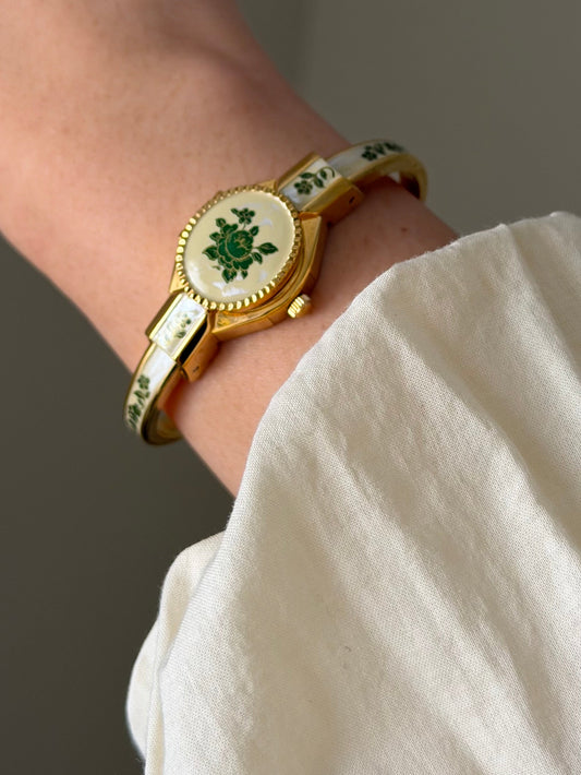Vintage Gold Tone Andre Mouche Peekaboo Cuff Watch With a Green Peony Enamel Flower Design