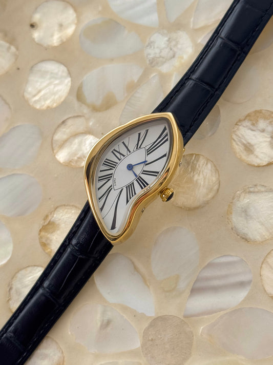 Y2K Vintage Inspired Gold Paris Dali Crash Melting Watch With Black Leather Band