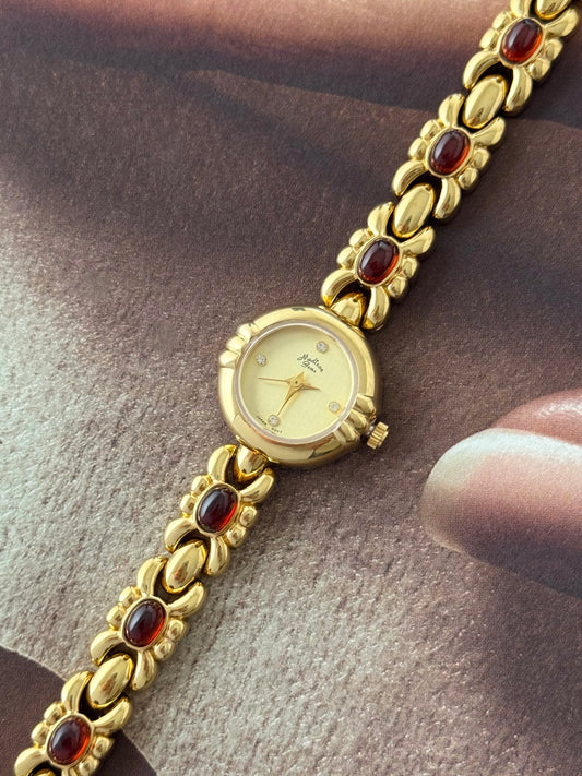 Vintage Madison Gem Gold Watch With Red Amber Gemstone Band