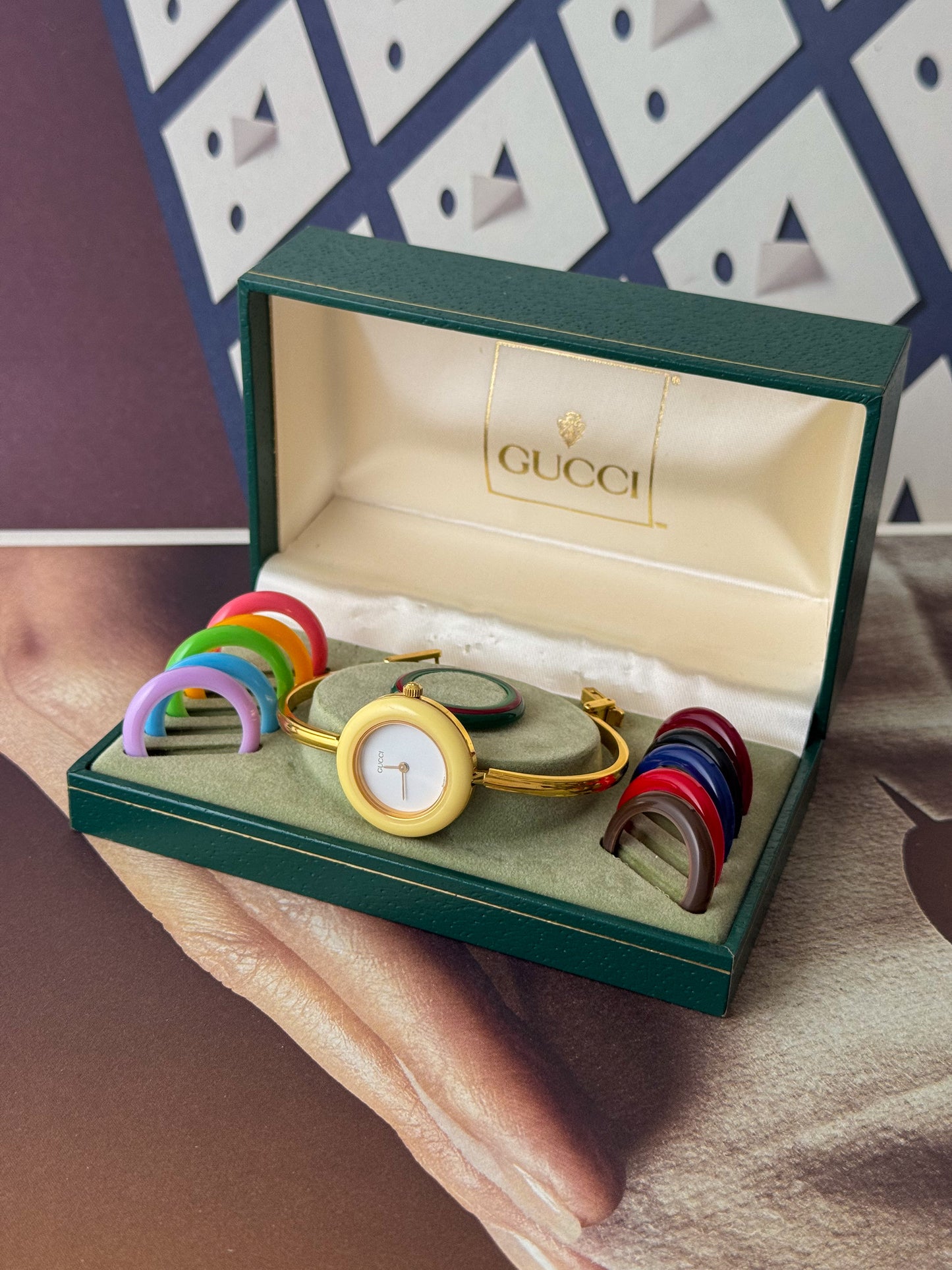 Vintage 1980s Gold Plated Gucci Interchangeable Bezel Watch Bangle