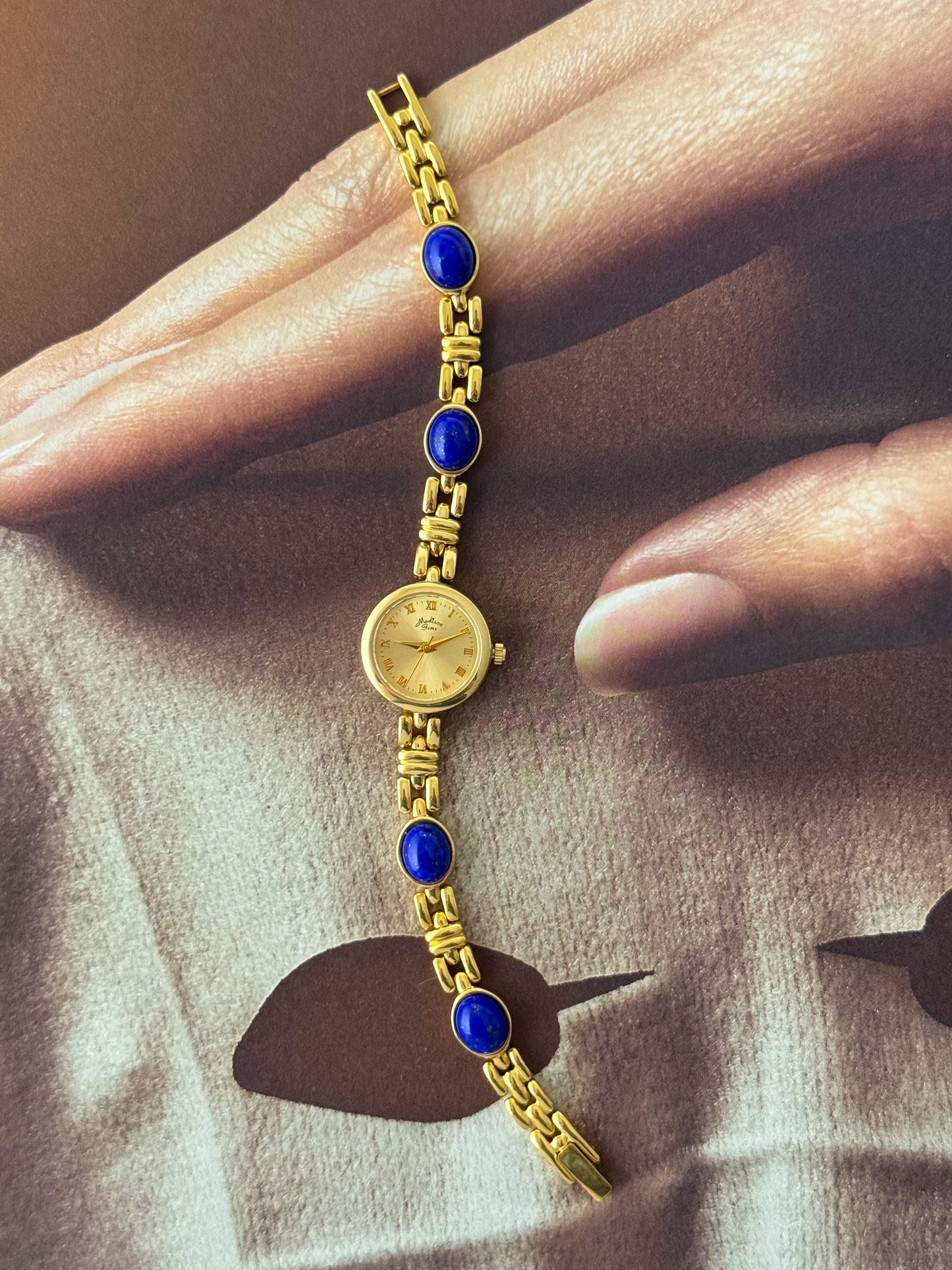 Vintage Madison Gem Gold Watch With Genuine Lapis Lazuli Stone Band