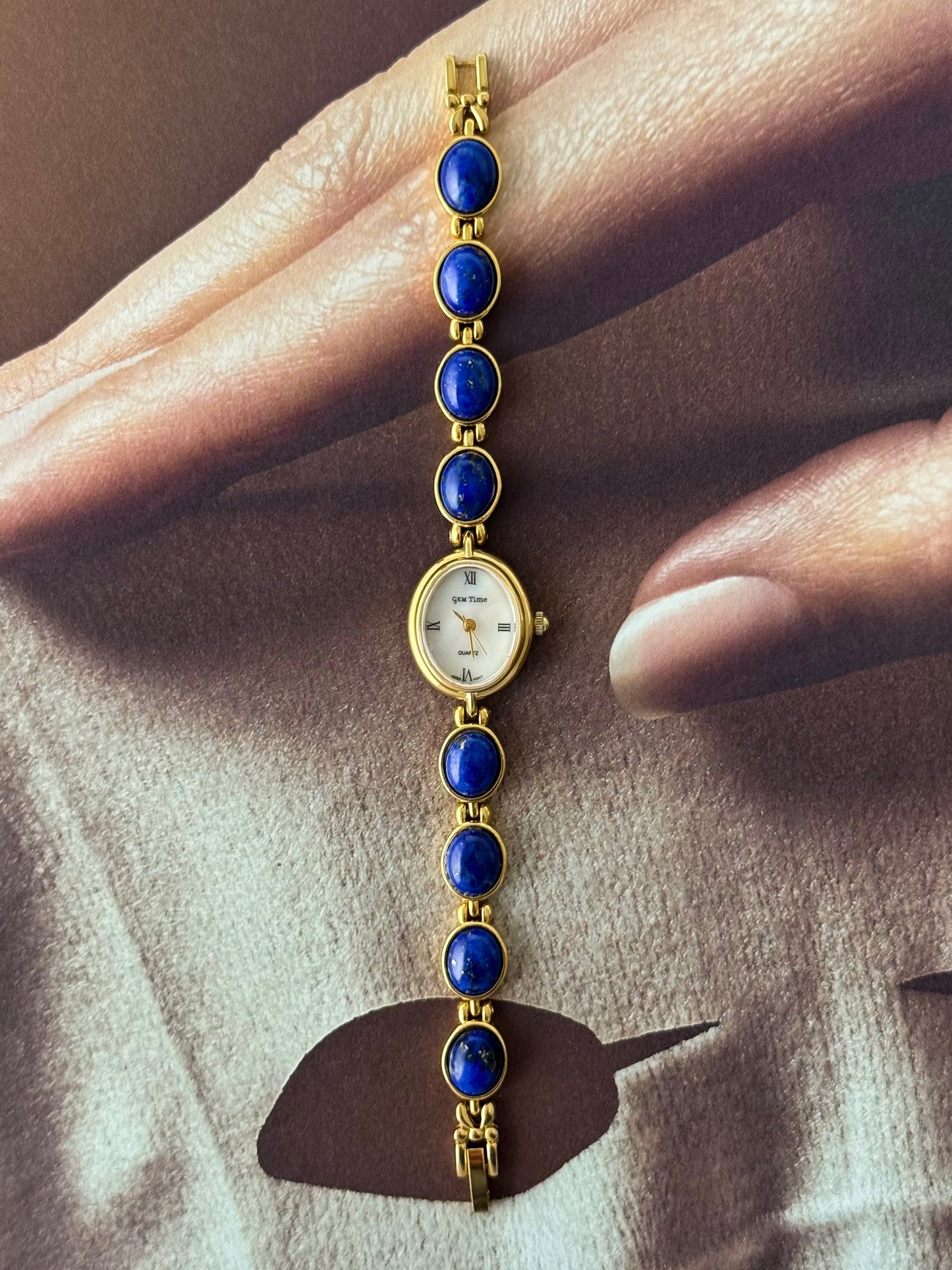 Vintage Gem Time Gold Watch With Genuine Lapis Lazuli Stone Band