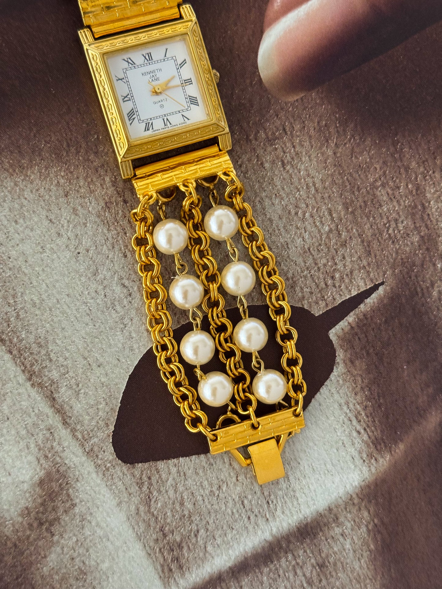 Vintage Kenneth Jay Lane (KJL) Gold Watch With Pearl Band and Square Case