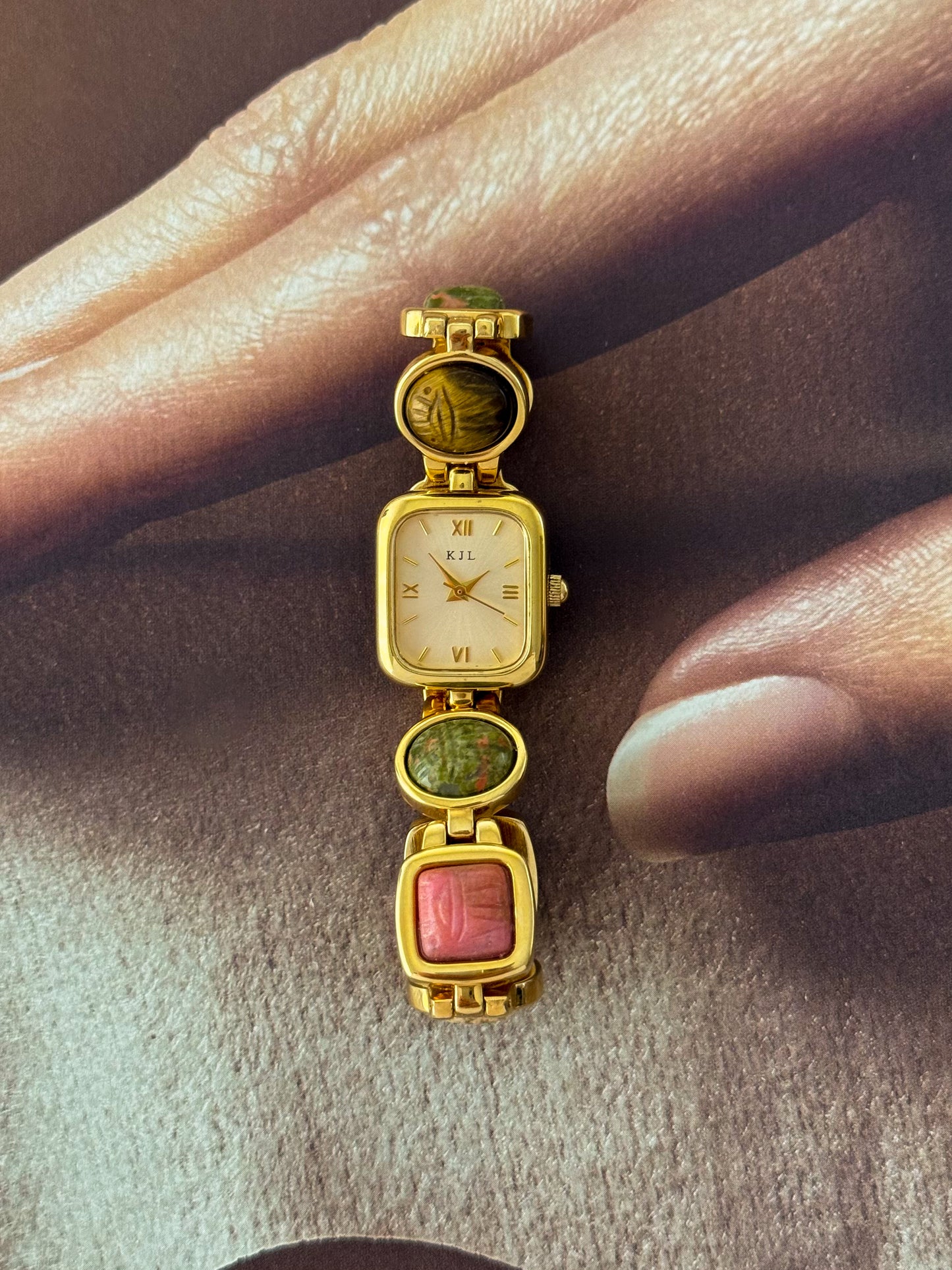 Vintage Kenneth Jay Lane (KJL) Gold Tone Watch With Egyptian Carved Scarab Gemstone Band