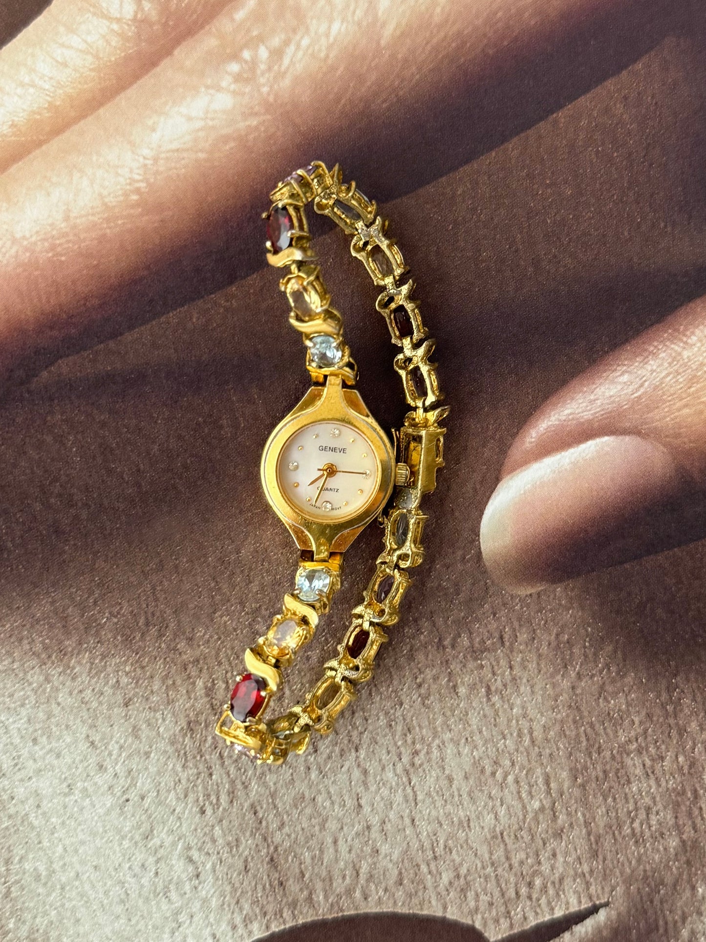 Vintage Geneve Gold Watch With Genuine Multicolor Gemstone Band