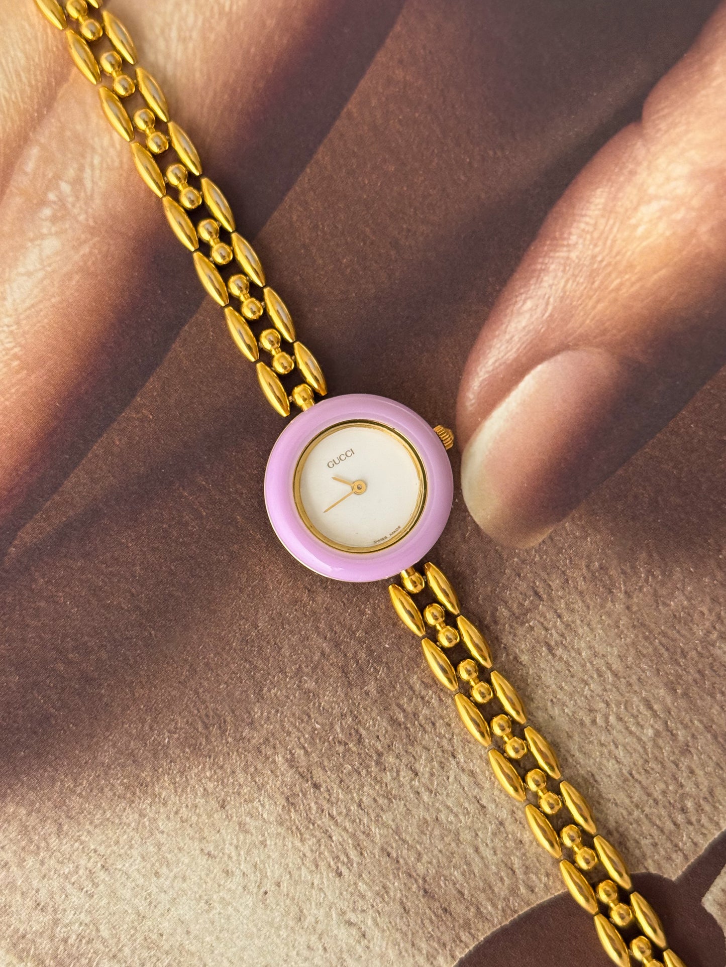 Vintage 1980s Gold Plated Gucci Interchangeable Bezel Watch With Rice Links Band