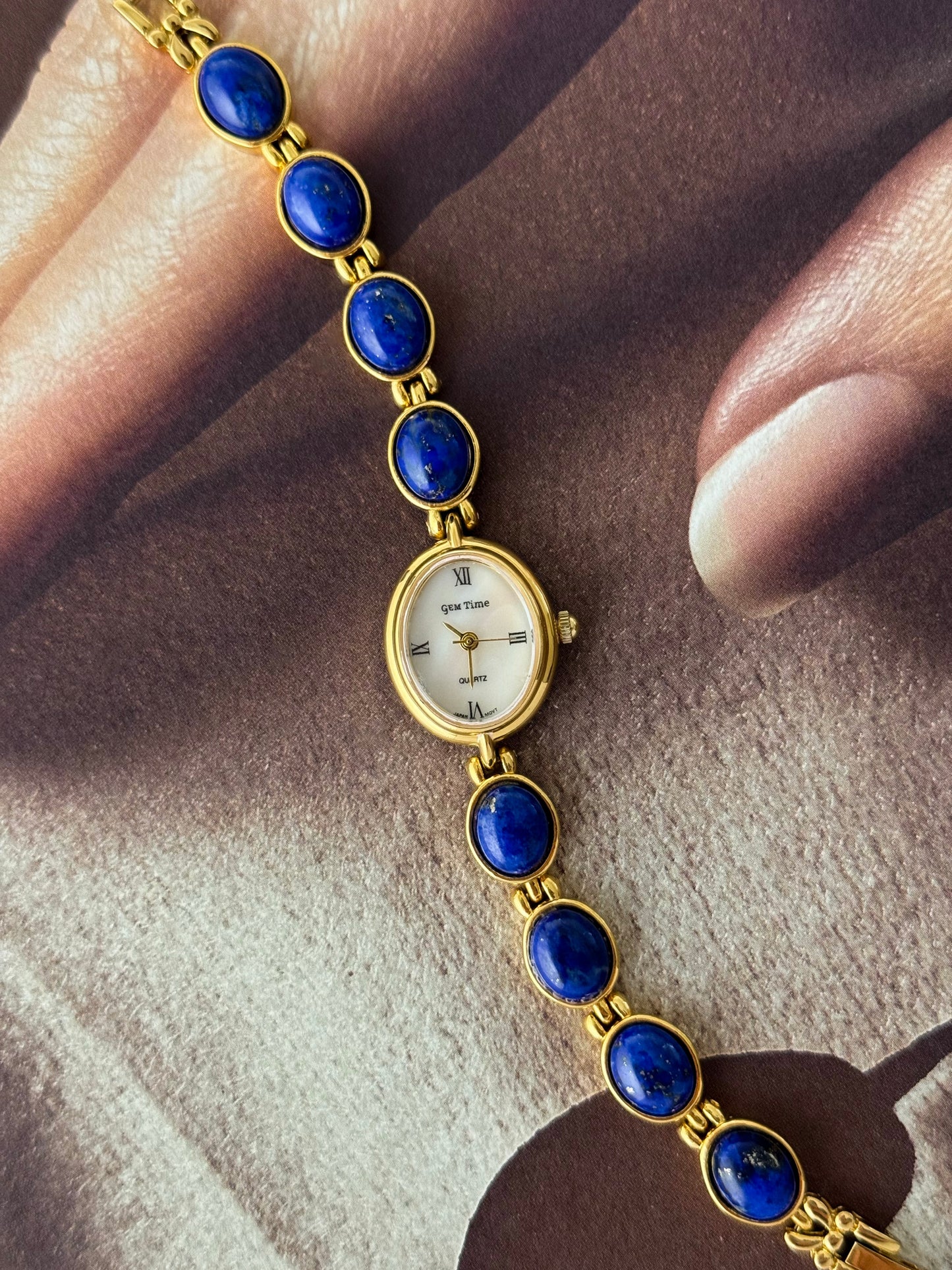 Vintage Gem Time Gold Watch With Genuine Lapis Lazuli Stone Band