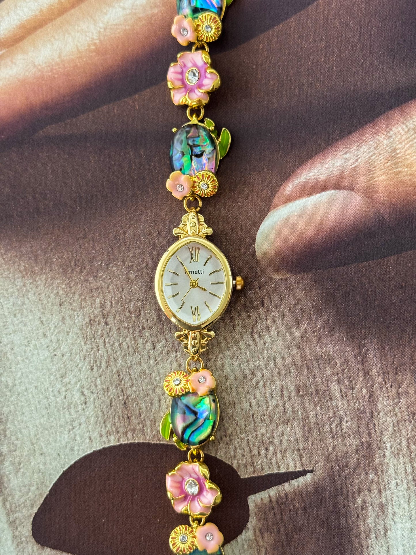 Gold Tone Watch With Colorful Abalone and Pink Flower Charm Band