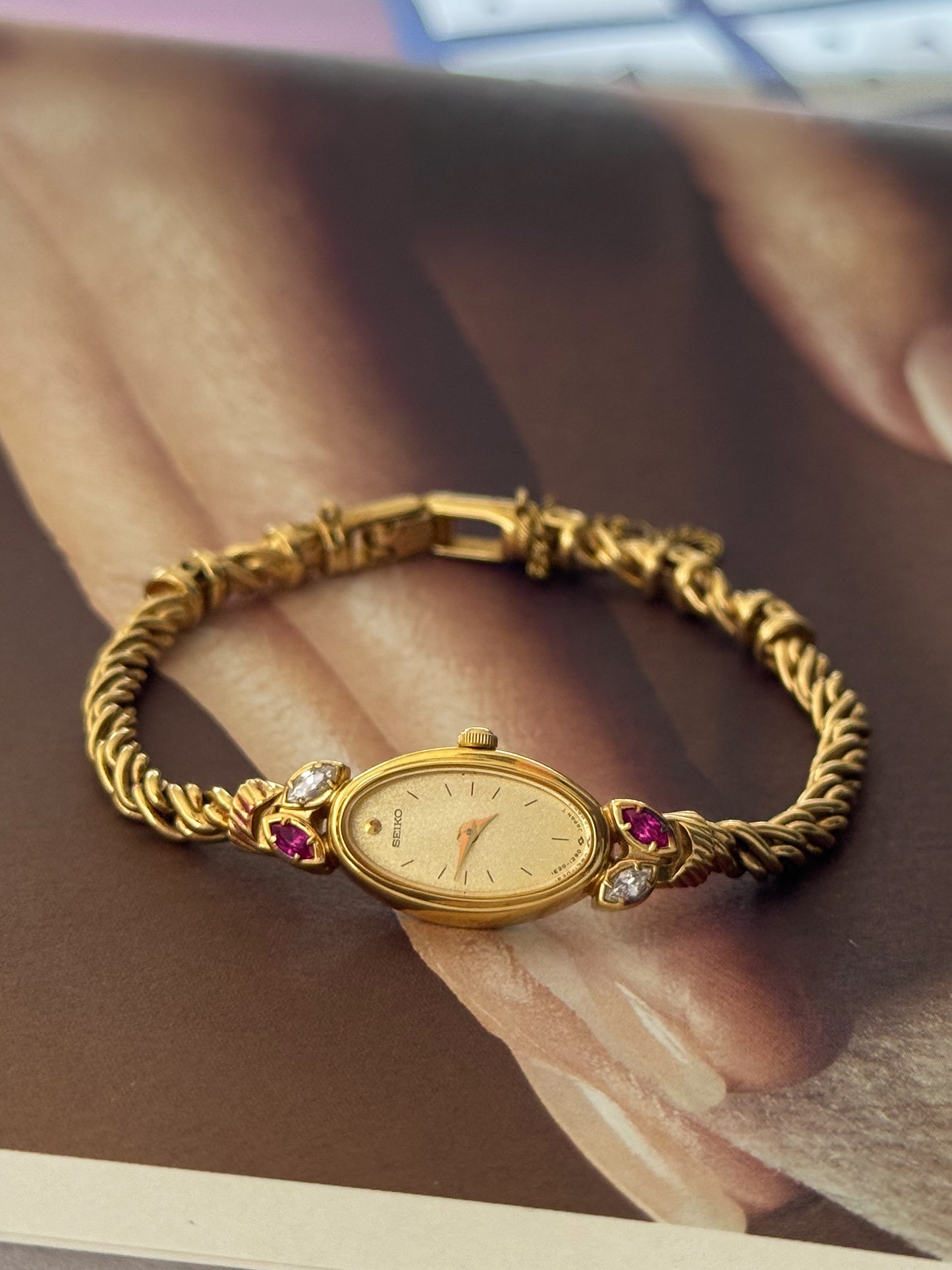 Extremely RARE 1990s Gold Plated Seiko Watch With Genuine Rubies And Rope Band