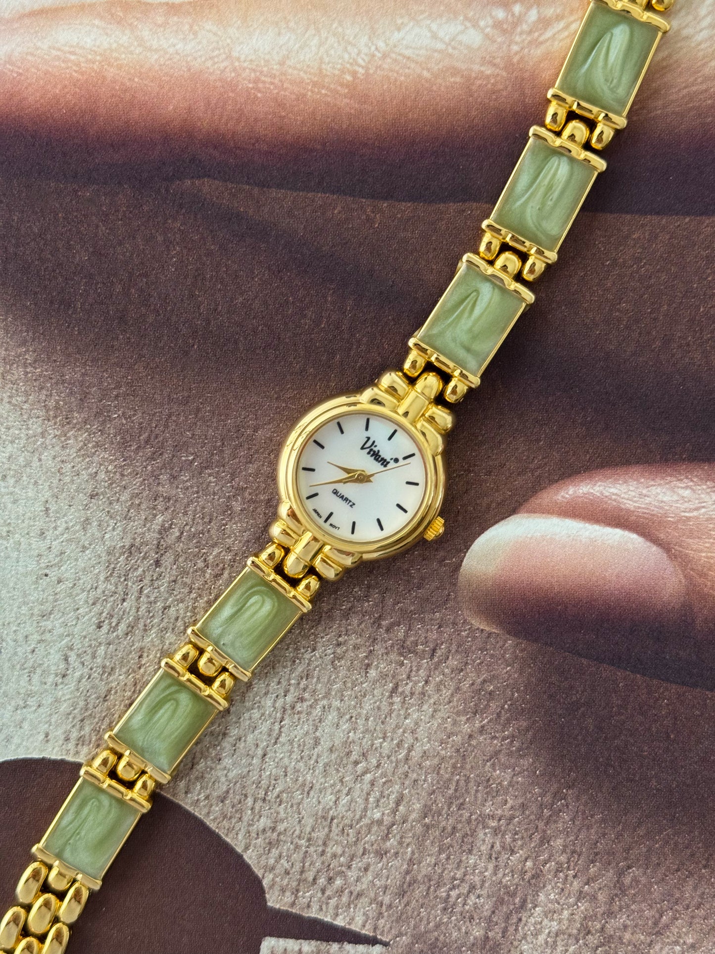 Vintage Vivani Gold Watch With Swirl Green Stone Band