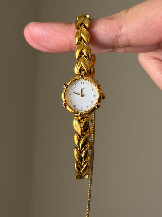 Very Rare 1990s Gold Vintage Seiko Tisse Watch With 6 Natural Ruby Gemstones