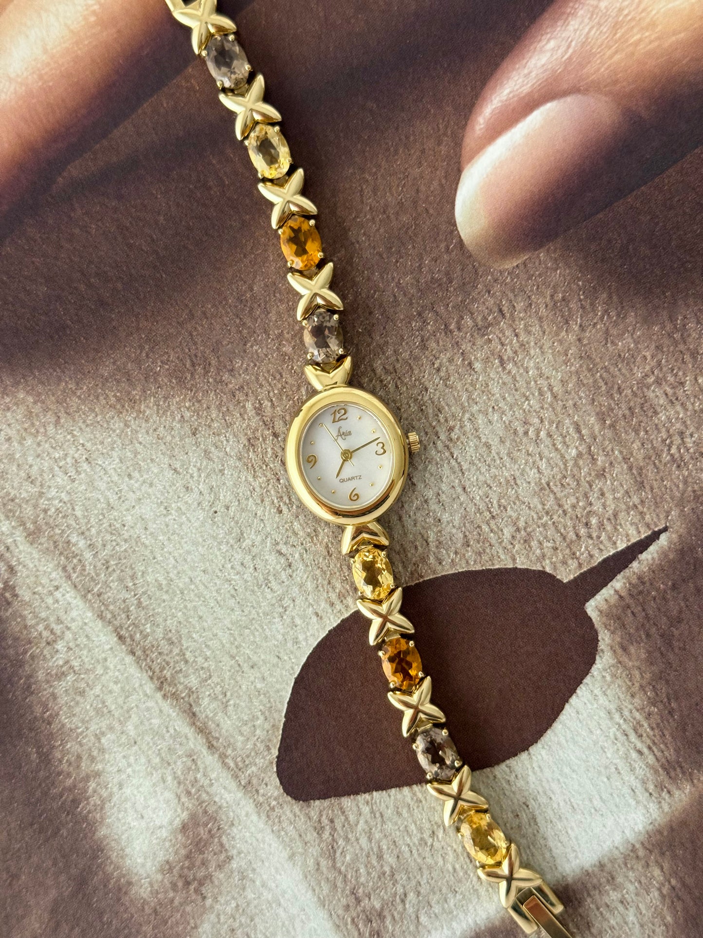 Vintage Aria Gold Watch With Genuine Multicolor Gemstone Band