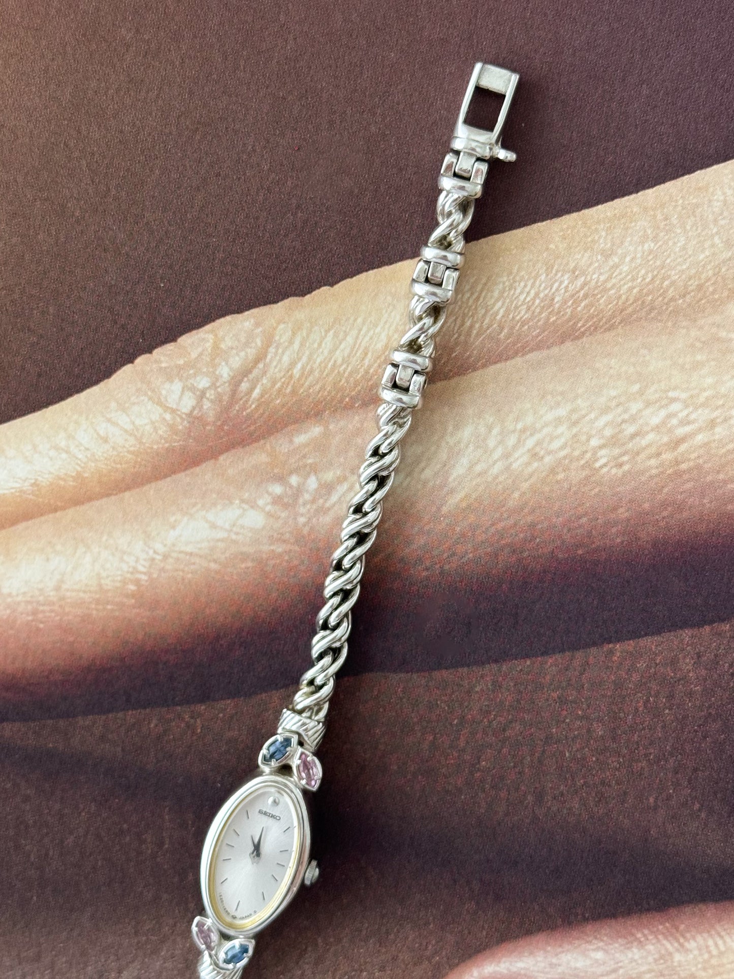 Extremely Rare 1990s Silver Seiko Watch With Genuine Gemstones Oval Face and Dainty Rope Band