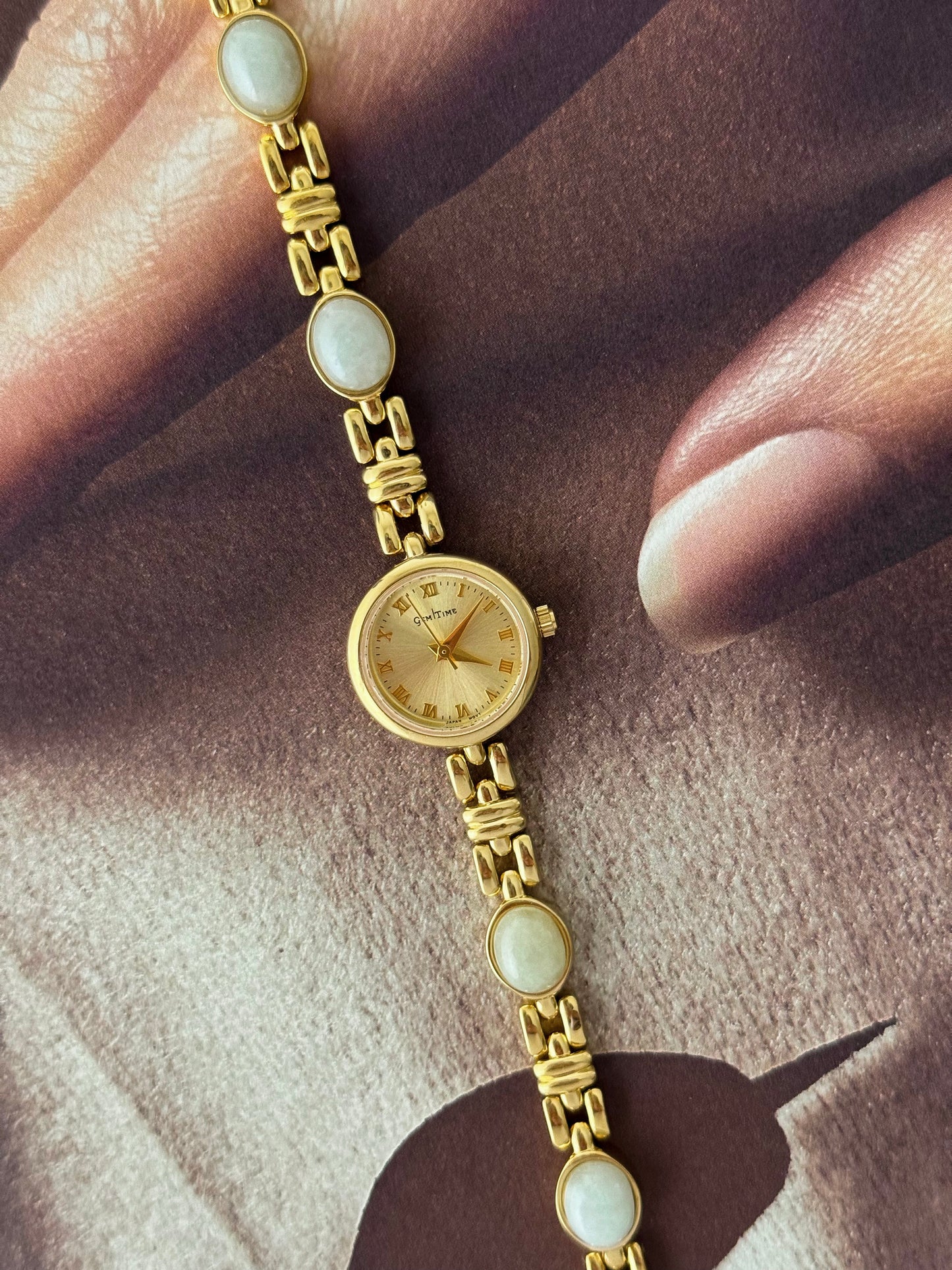 Vintage Gem Time Gold Watch With Natural Jade Stone Band