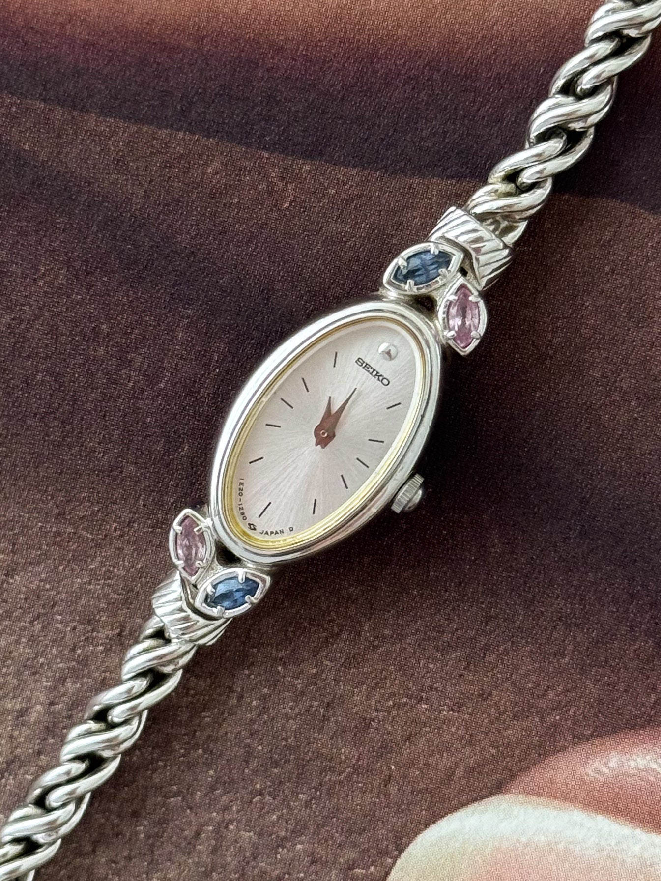 Extremely Rare 1990s Silver Seiko Watch With Genuine Gemstones Oval Face and Dainty Rope Band