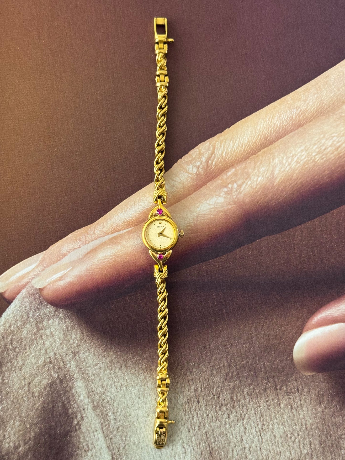 Rare Petite Vintage Seiko Watch With Genuine Rubies and Dainty Rope Band