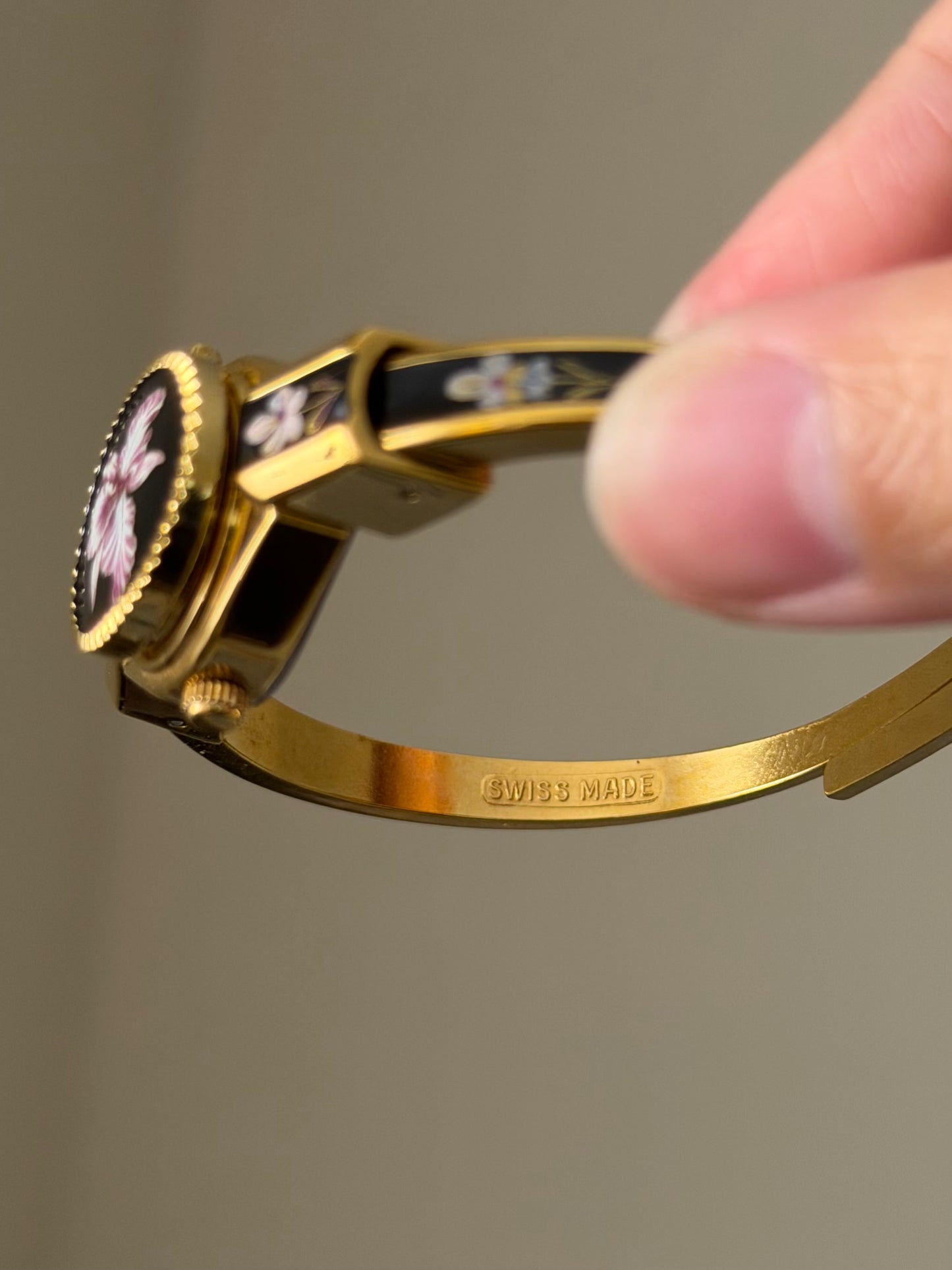 Vintage Gold Tone Andre Mouche Peekaboo Cuff Watch With Purple Peony Enamel Flower Design