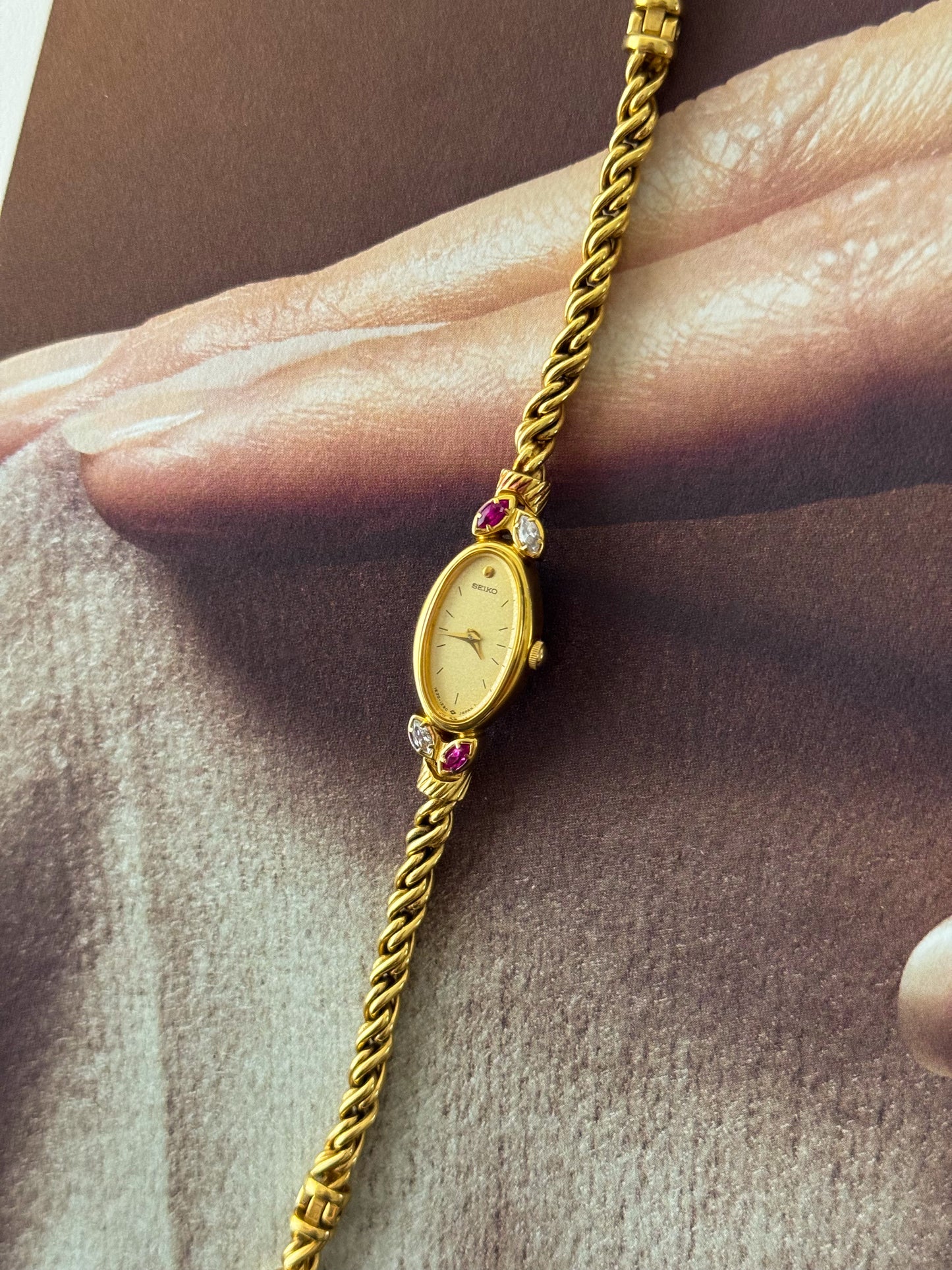 Extremely RARE 1990s Gold Plated Seiko Watch With Genuine Rubies And Rope Band