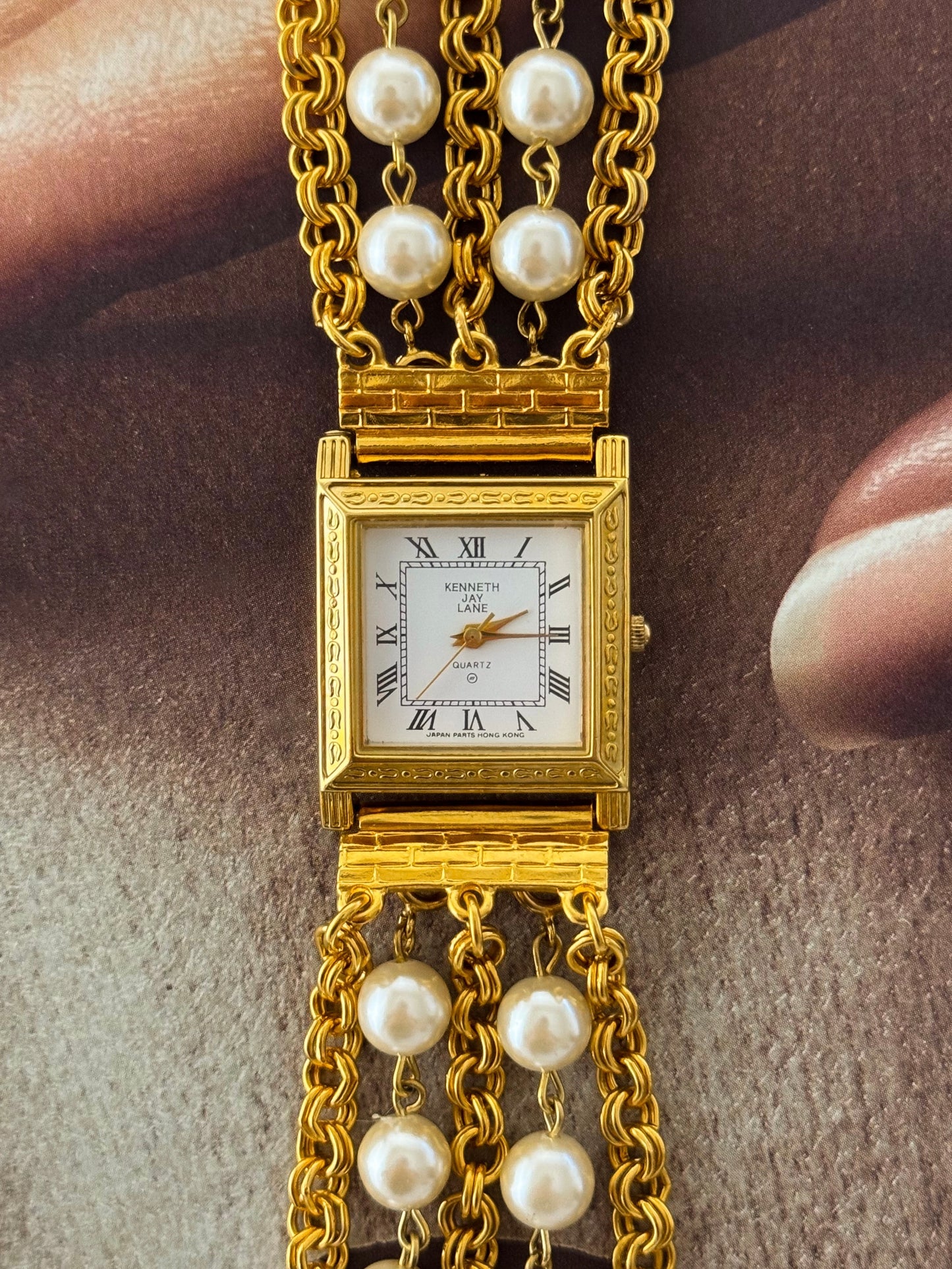Vintage Kenneth Jay Lane (KJL) Gold Watch With Pearl Band and Square Case