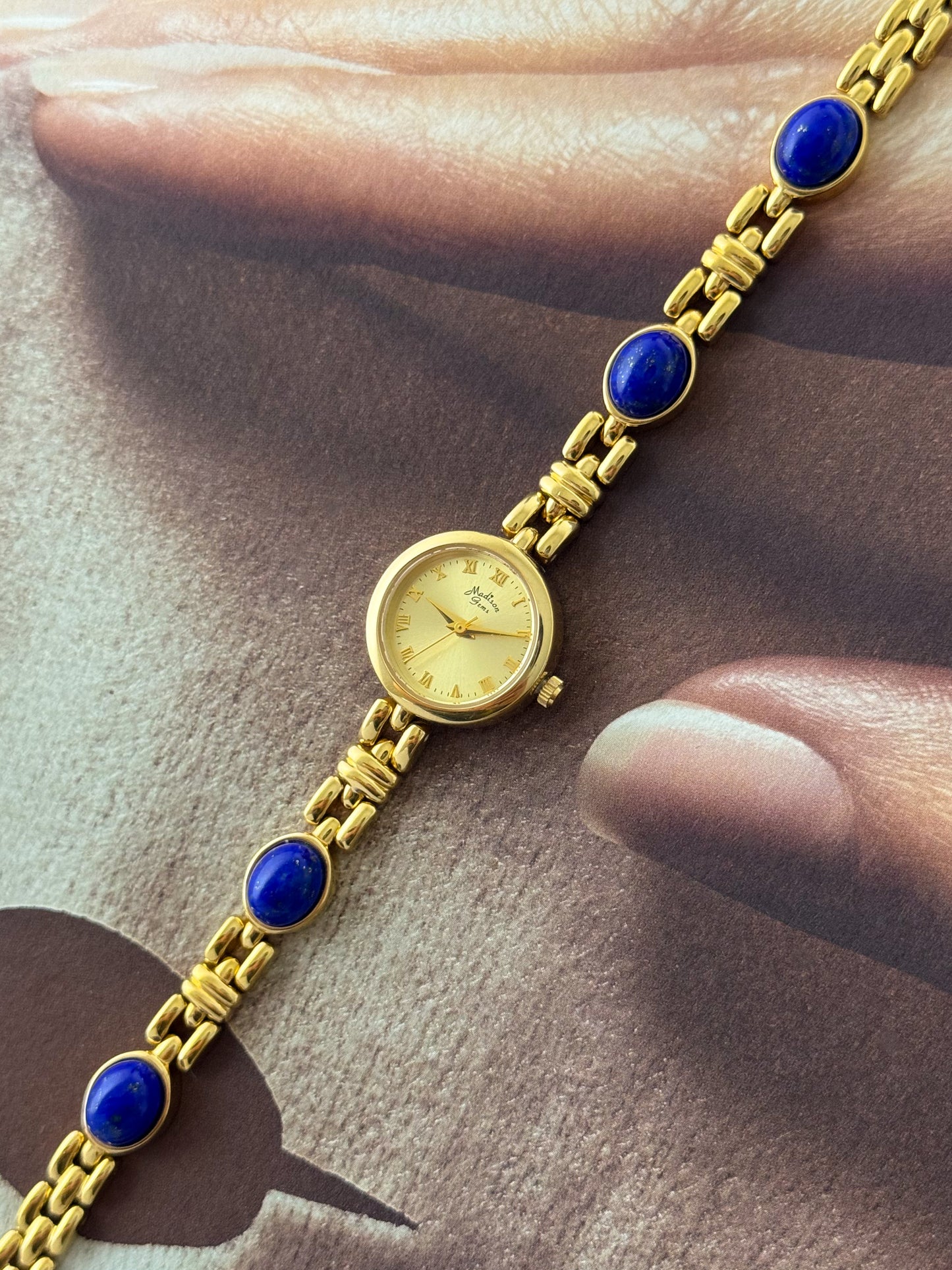 Vintage Madison Gem Gold Watch With Genuine Lapis Lazuli Stone Band