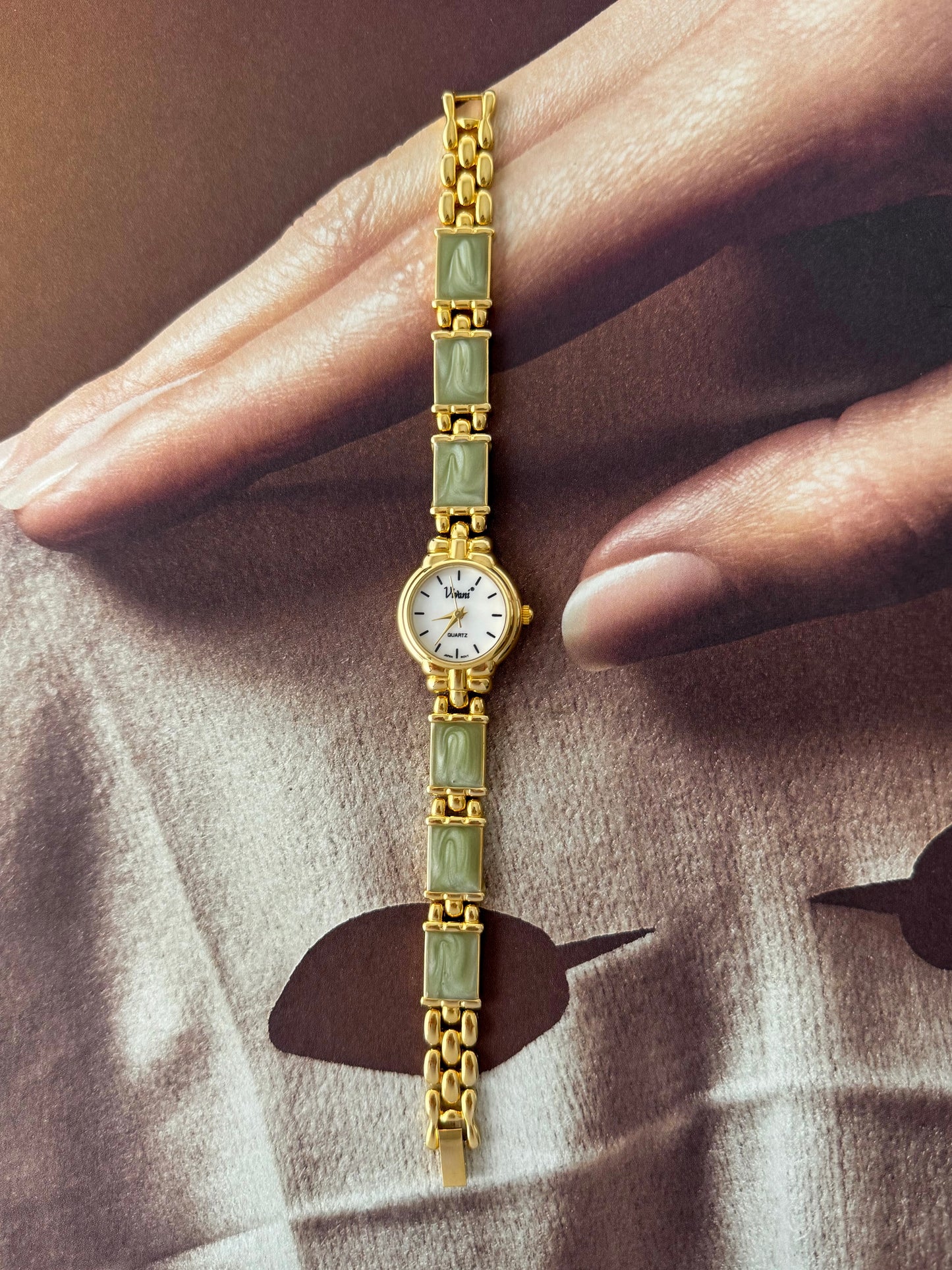 Vintage Vivani Gold Watch With Swirl Green Stone Band