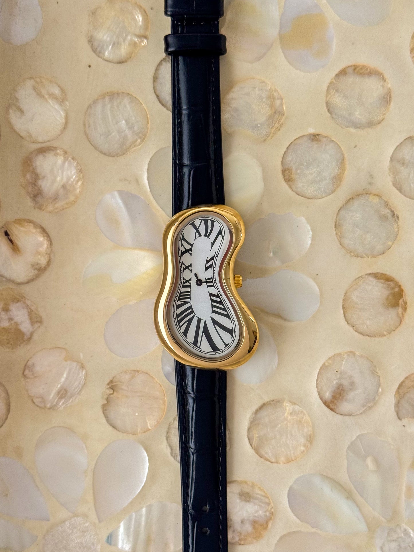Black Leather Band Salvador Dali Style Watch Gold Exaequo Inspired Softwatch