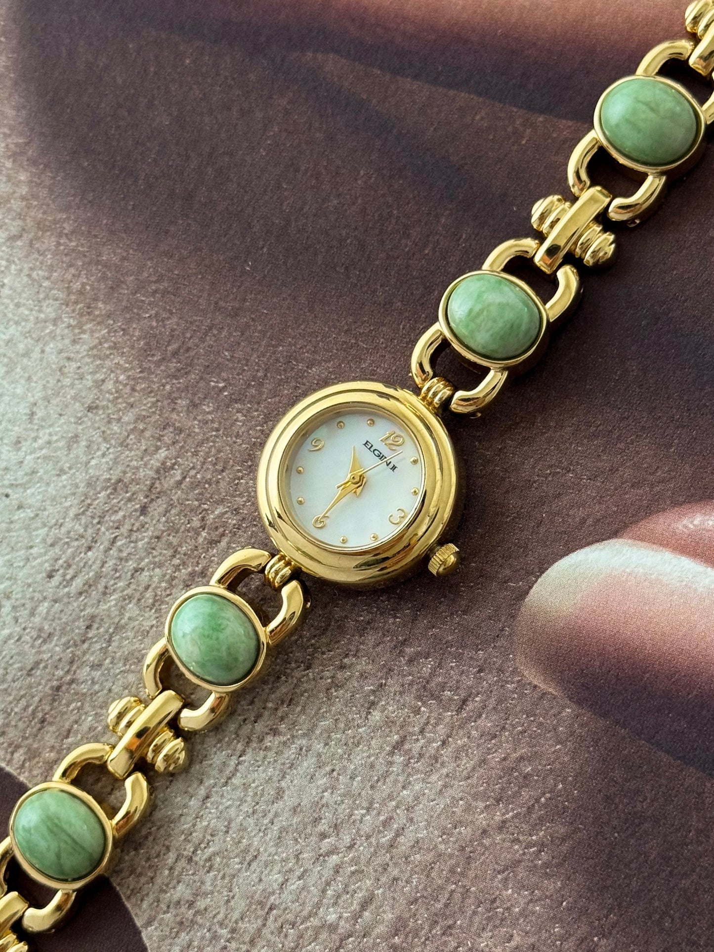 Vintage Elgin Gold Watch With Natural Jade Stone Band