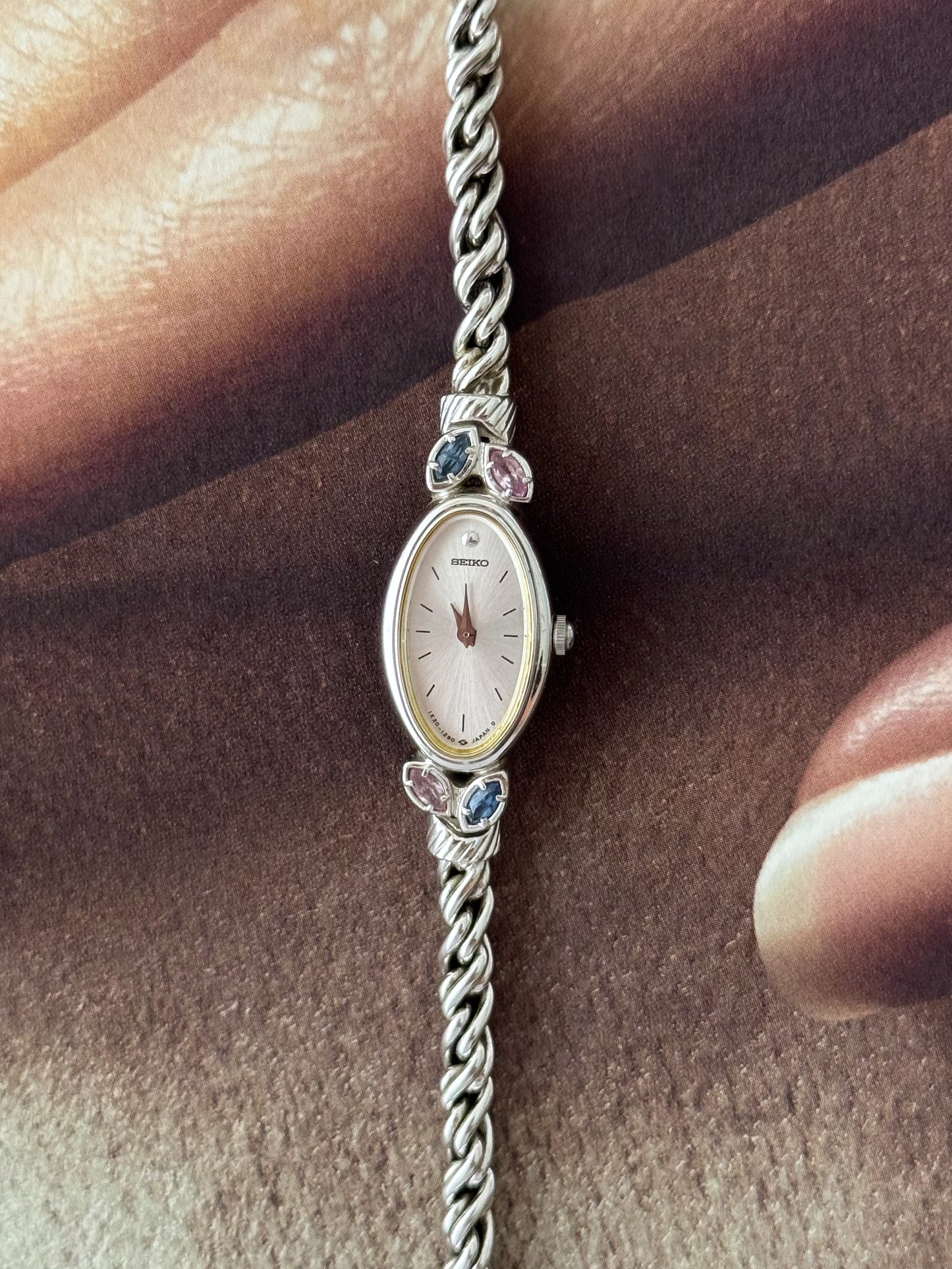 Extremely Rare 1990s Silver Seiko Watch With Genuine Gemstones Oval Face and Dainty Rope Band