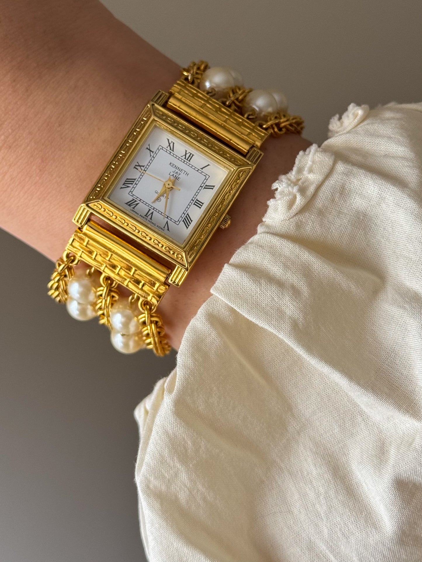 Vintage Kenneth Jay Lane (KJL) Gold Watch With Pearl Band and Square Case