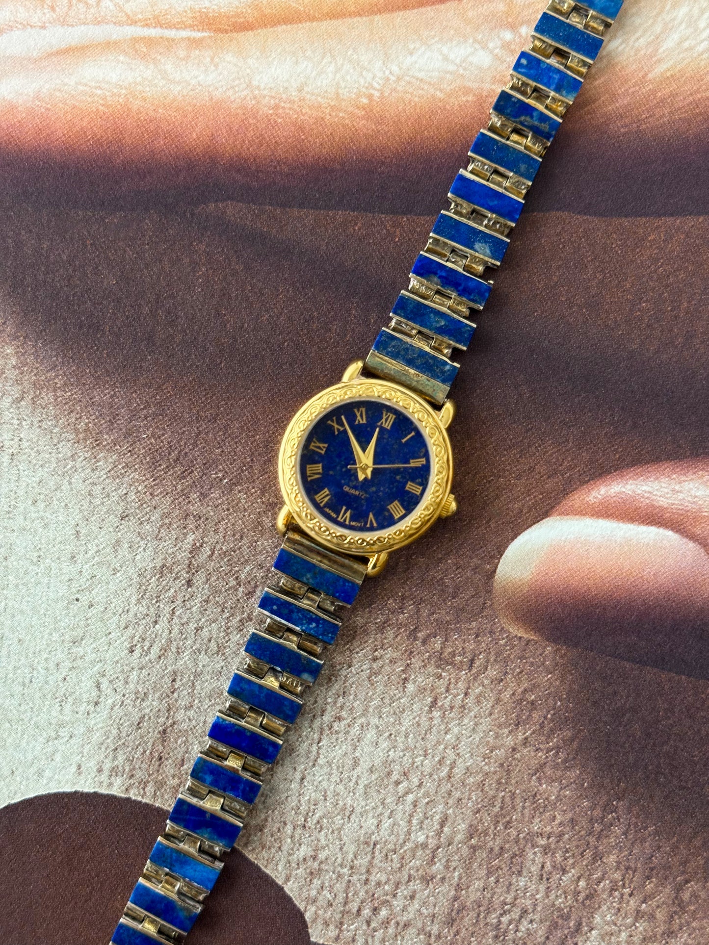 Vintage Gem Time Gold Watch With Genuine Lapis Lazuli Stone Band