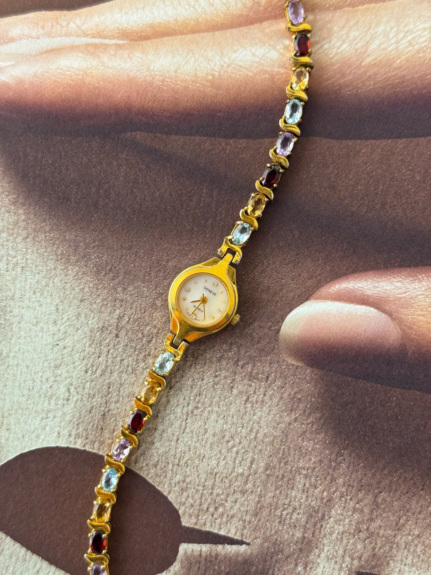 Vintage Geneve Gold Watch With Genuine Multicolor Gemstone Band