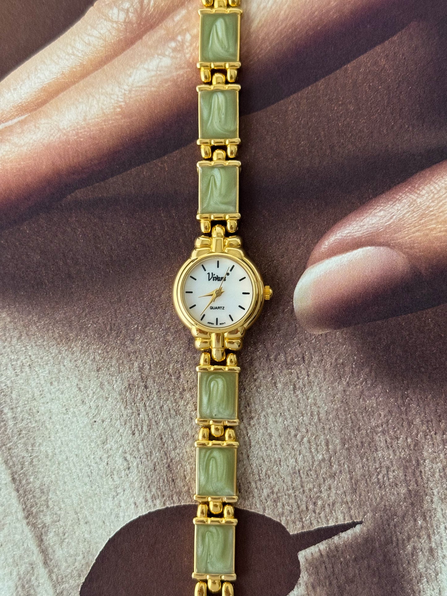 Vintage Vivani Gold Watch With Swirl Green Stone Band