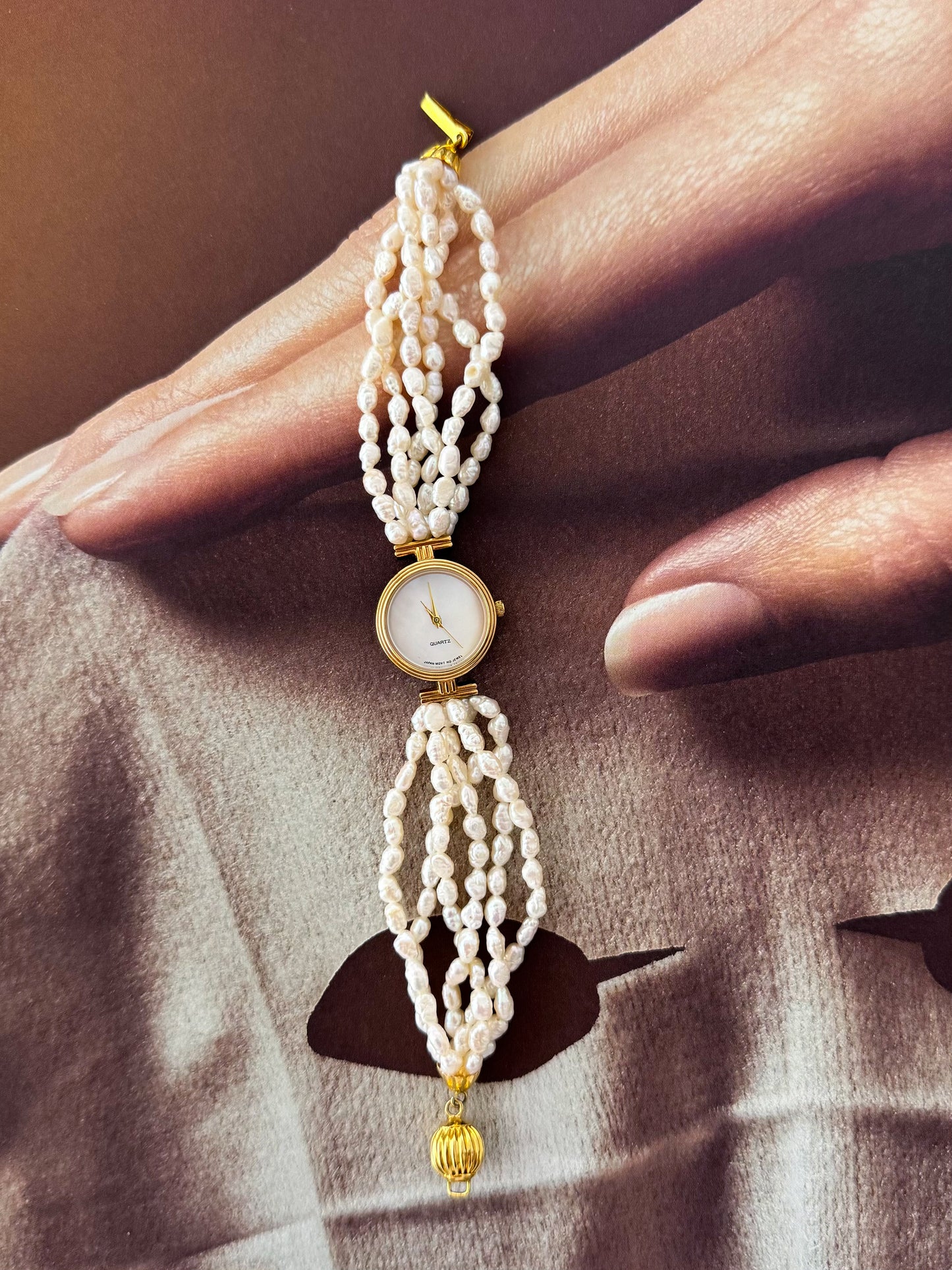 Vintage Japanese Keshi Pearl Gold Watch