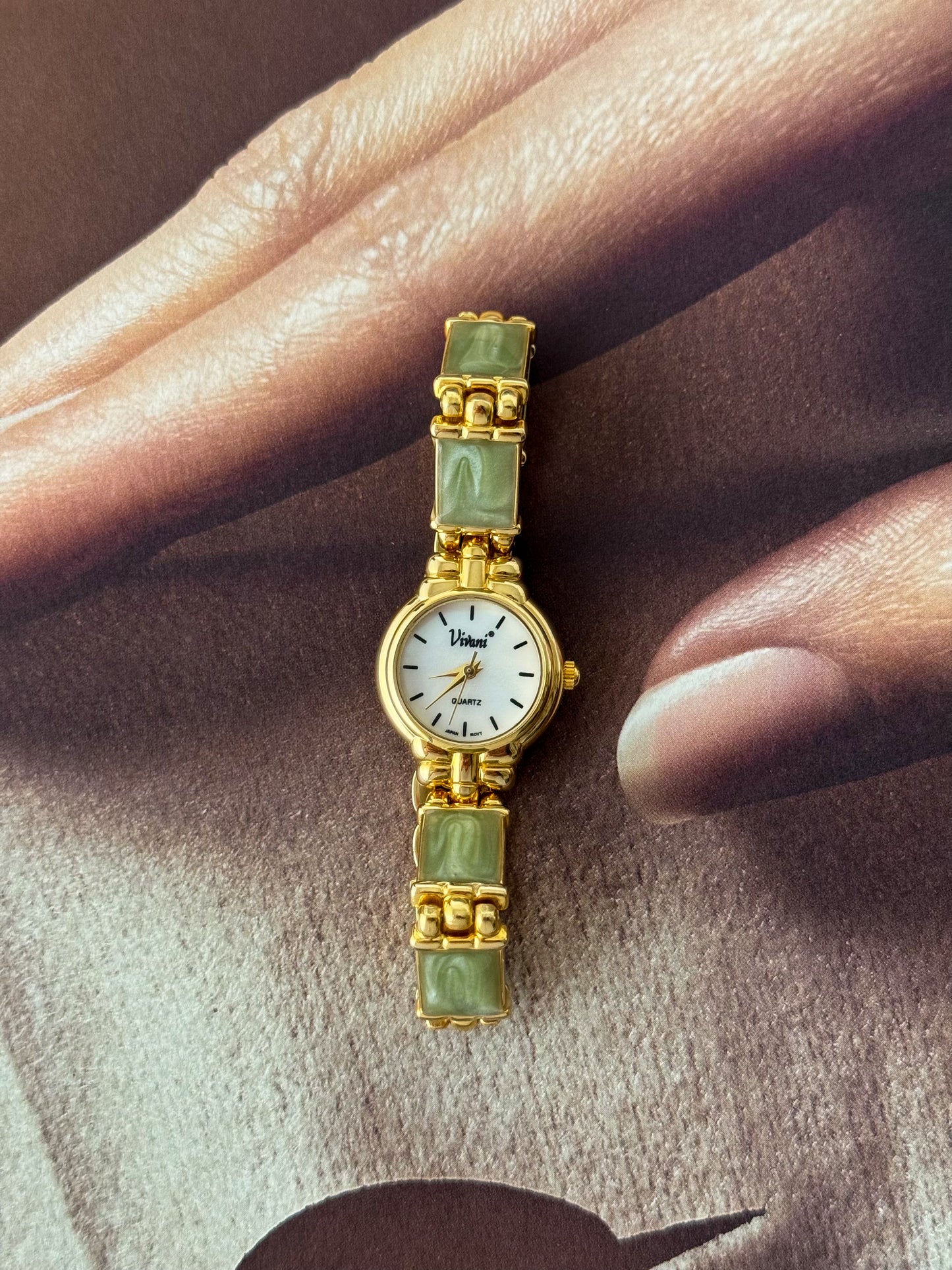Vintage Vivani Gold Watch With Swirl Green Stone Band