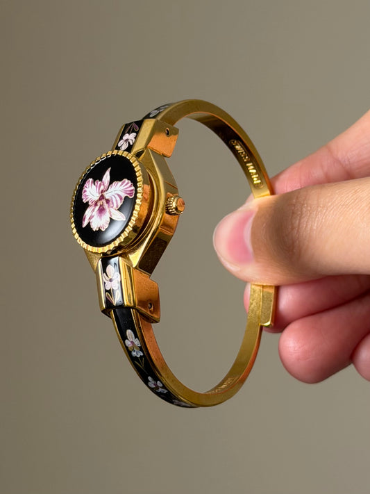 Vintage Gold Tone Andre Mouche Peekaboo Cuff Watch With Purple Peony Enamel Flower Design