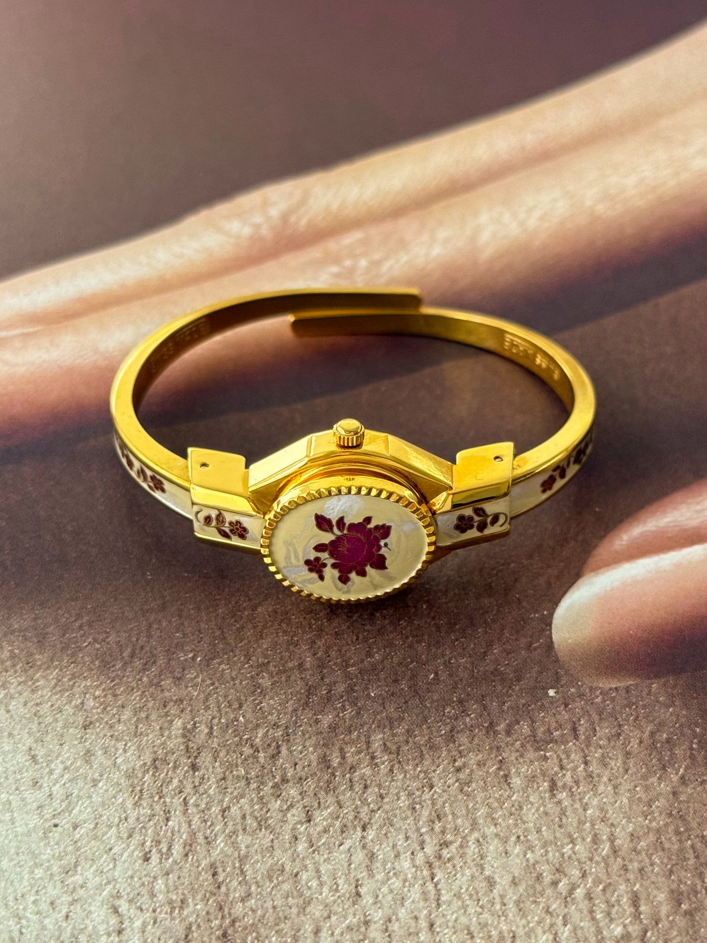 Vintage Gold Tone Andre Mouche Peekaboo Cuff Watch With a Red Peony Enamel Flower Design
