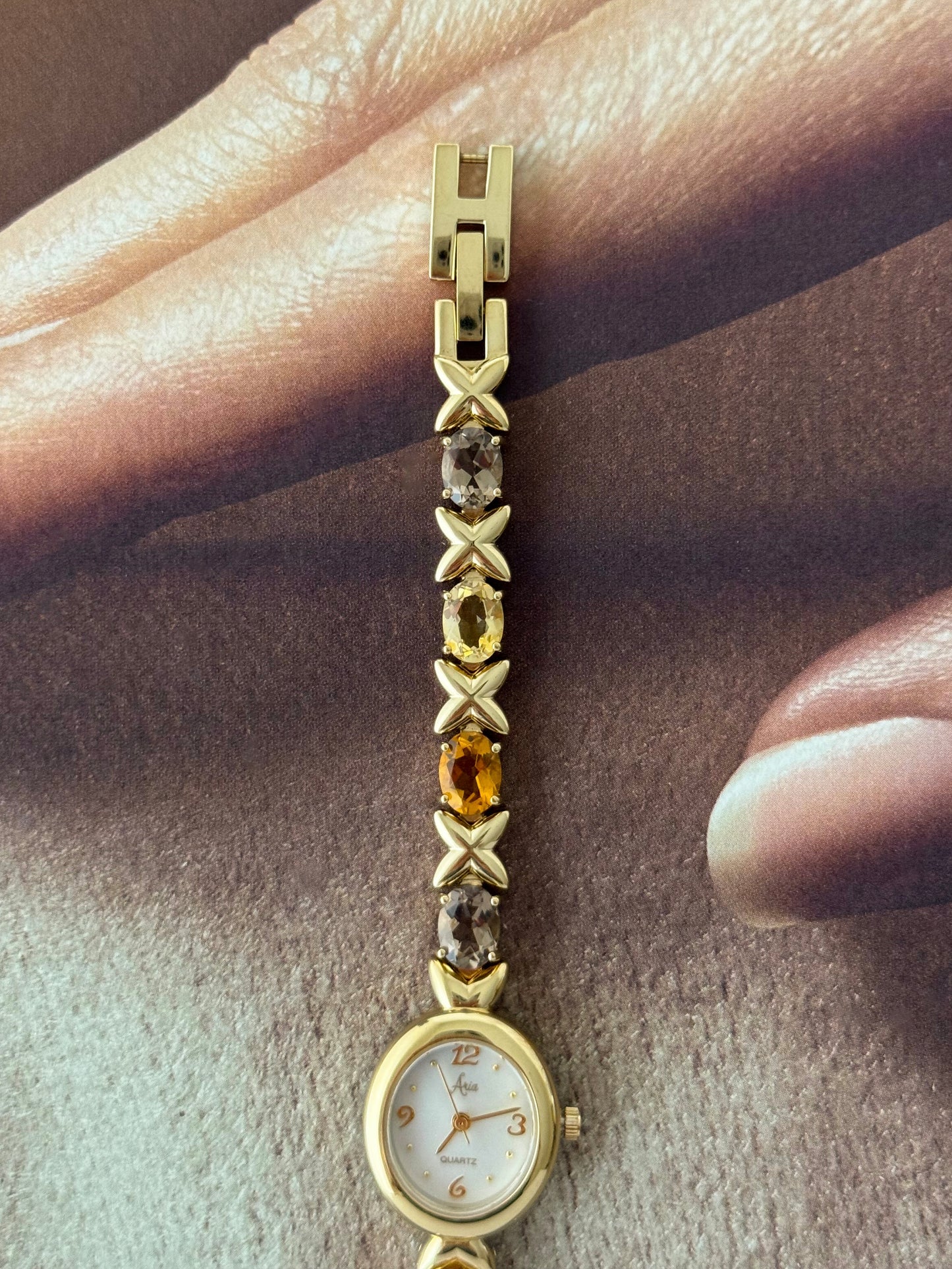 Vintage Aria Gold Watch With Genuine Multicolor Gemstone Band