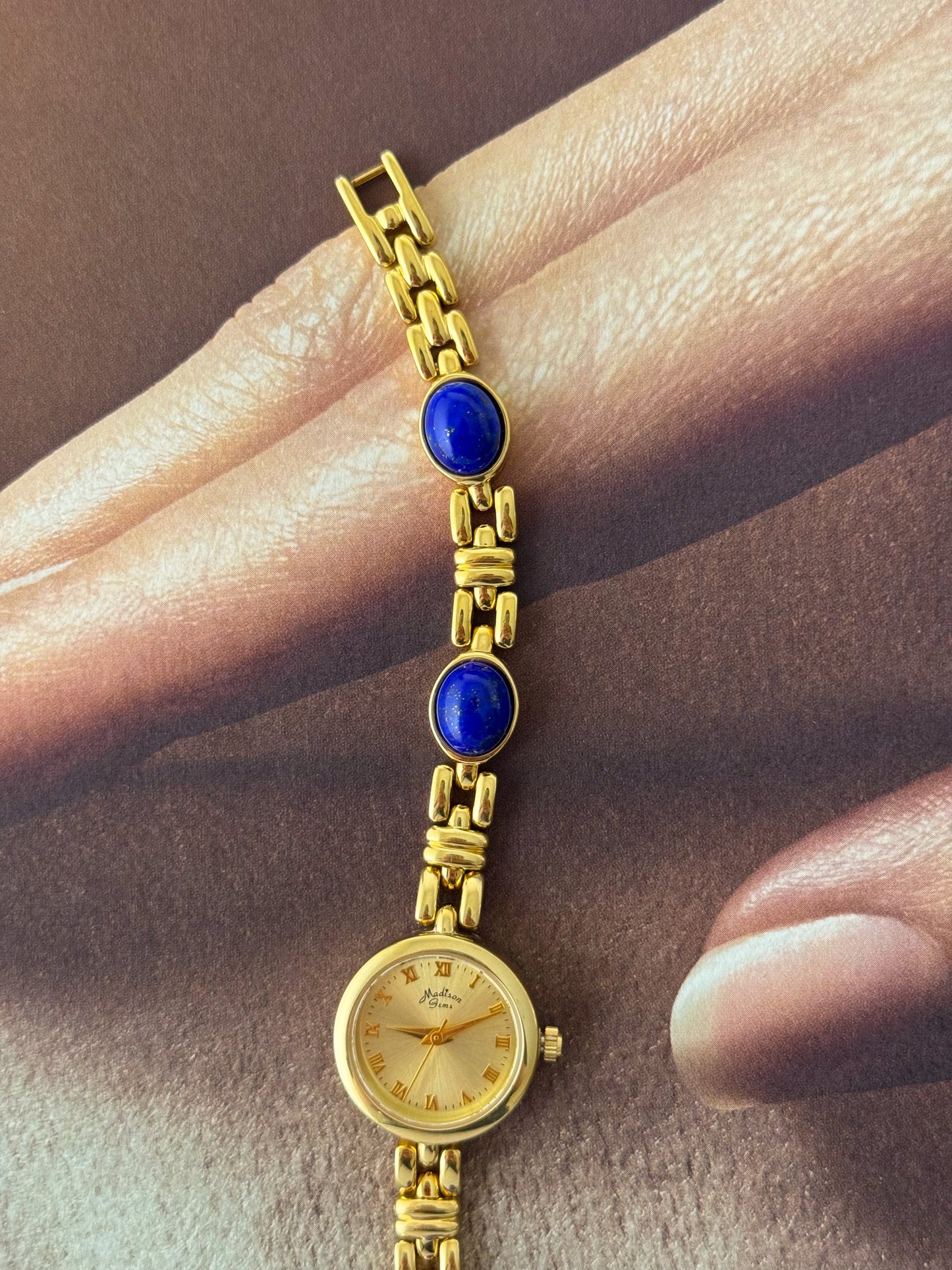 Vintage Madison Gem Gold Watch With Genuine Lapis Lazuli Stone Band