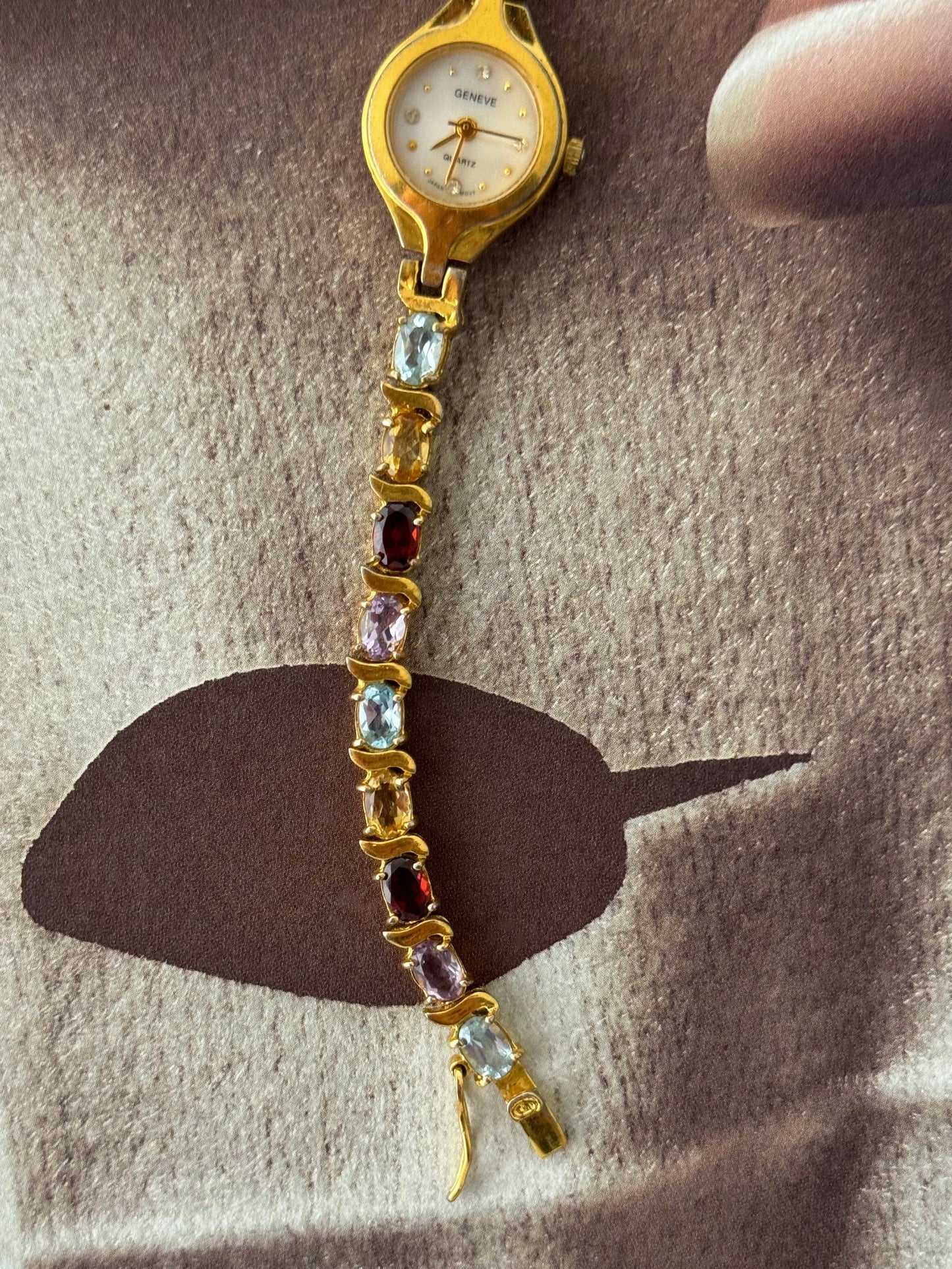 Vintage Geneve Gold Watch With Genuine Multicolor Gemstone Band