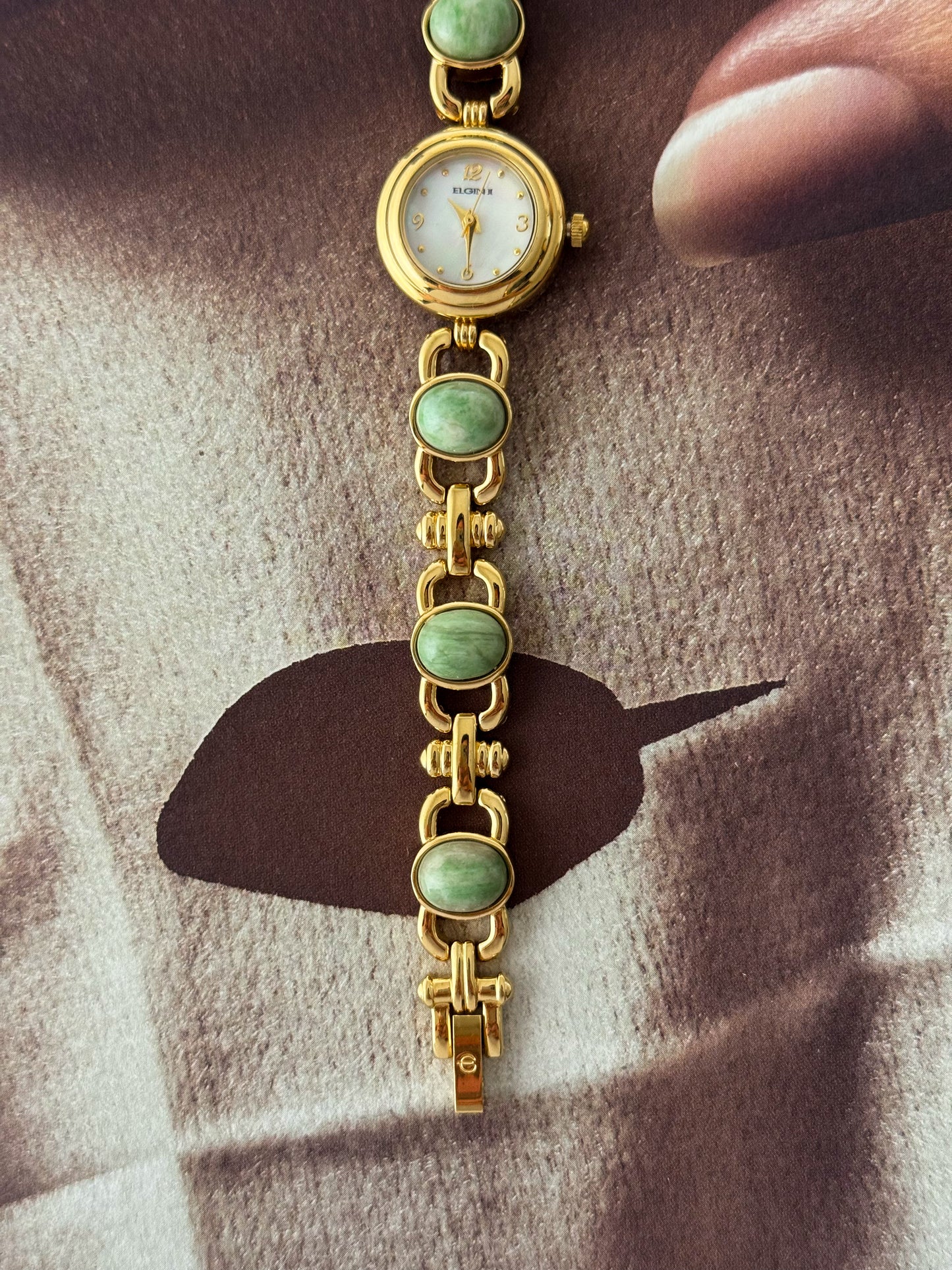 Vintage Elgin Gold Watch With Natural Jade Stone Band